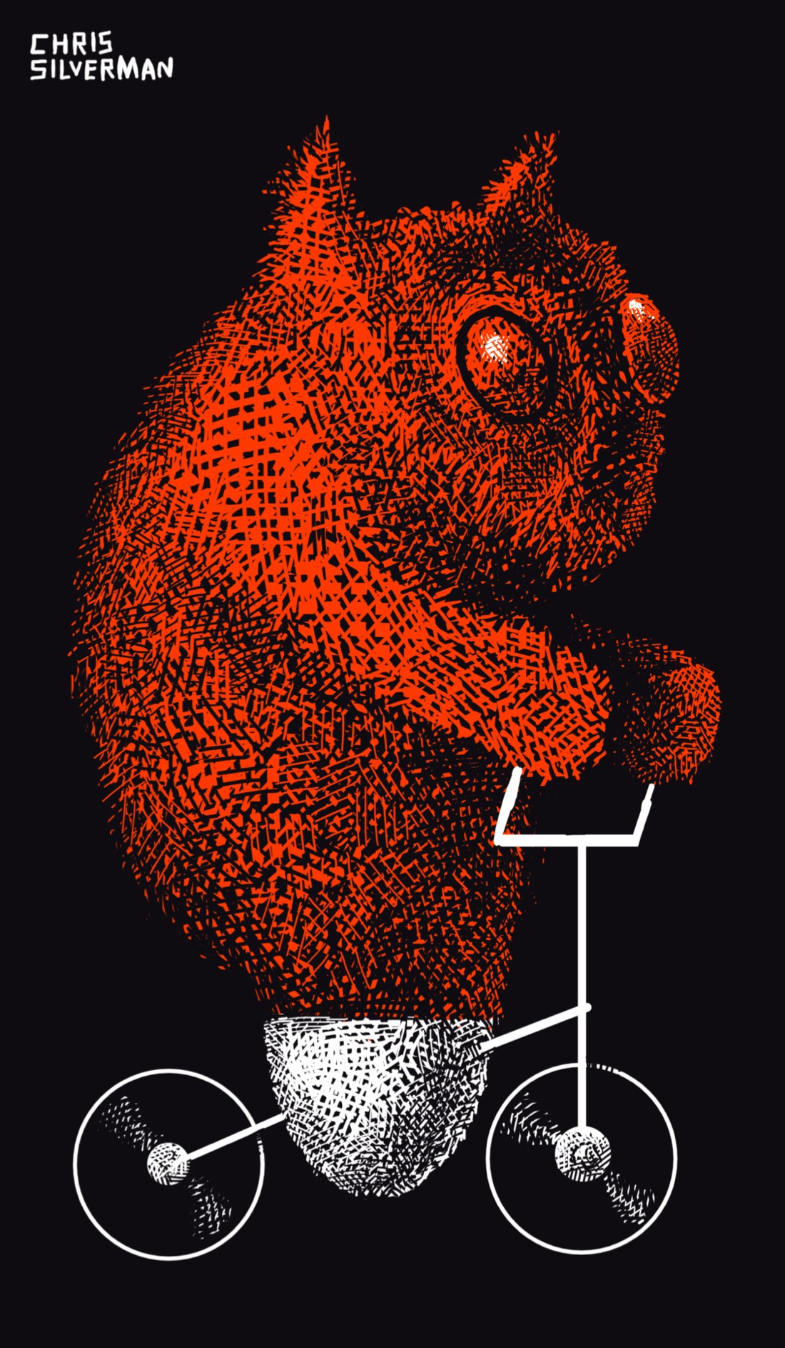 A giant, furry red creature with two pointy ears and round, shiny, insect-like eyes pilots a white two-wheeled vehicle. The vehicle looks like a bicycle, but instead of a seat and pedals, it has a tiny basket that looks like the lower half of an egg. There is no obvious engine or propulsion system. The creature is, impossibly, squeezed into the basket. A creature this size would presumably have very large legs, but no legs are visible. The overall effect is of a giant red bear riding a cartoonishly tiny bicycle. The background of the drawing is black.