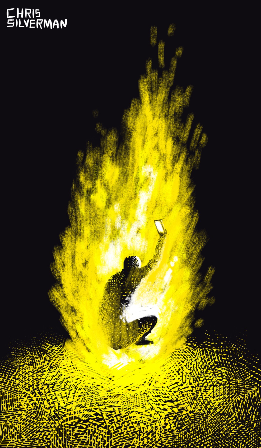 A roaring yellow bonfire at night, casting a yellow glow all around it. Sitting directly in the middle of the bonfire, at the heart of the white flames, is a person taking a selfie. That's it. That's the tweet.
