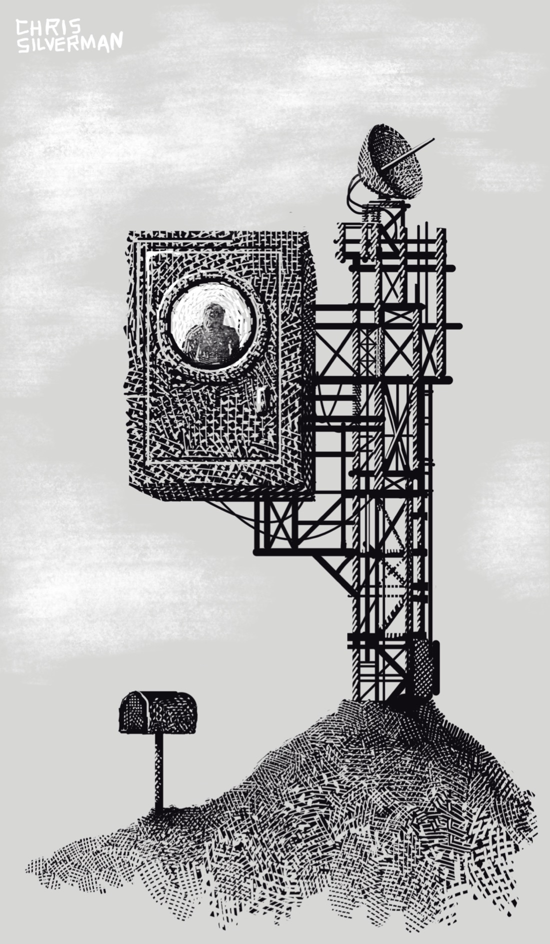 A small hill on which is built a chaotically complex steel tower. It looks like a short radio mast, with many beams and crossbeams. At the top of the tower is a compact dish antenna. Extending off the left side of the tower is a network of horizontal beams that are supporting a small metal chamber with a door and a round portal window, in which is visible a dim figure. The effect is that of someone living in a treehouse made from a safe and an erector set. Below the chamber is a black mailbox. The sky has a few wispy suggestions of clouds. The drawing is black linework on a light gray background, with white used for the clouds and a few highlights.