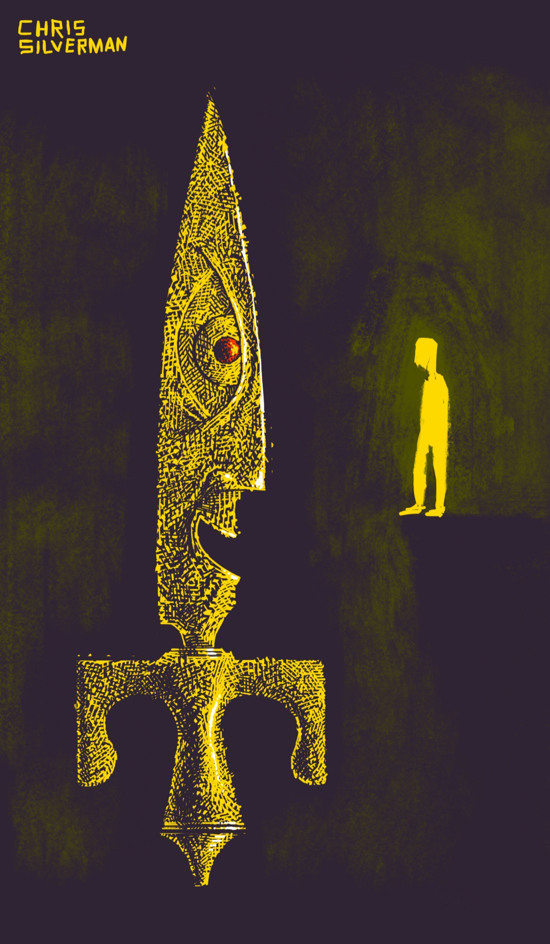 A gold sword or dagger stands, or perhaps hovers, point-up in a large dark space. The blade has a face in profile, looking to the right. The eye of the face is shaped like a regular human eye, but rotated 90 degrees, and has a red stone set in the pupil. Standing on a ledge at the right is the yellow silhouette of a person. The sword and the person seem to be talking.