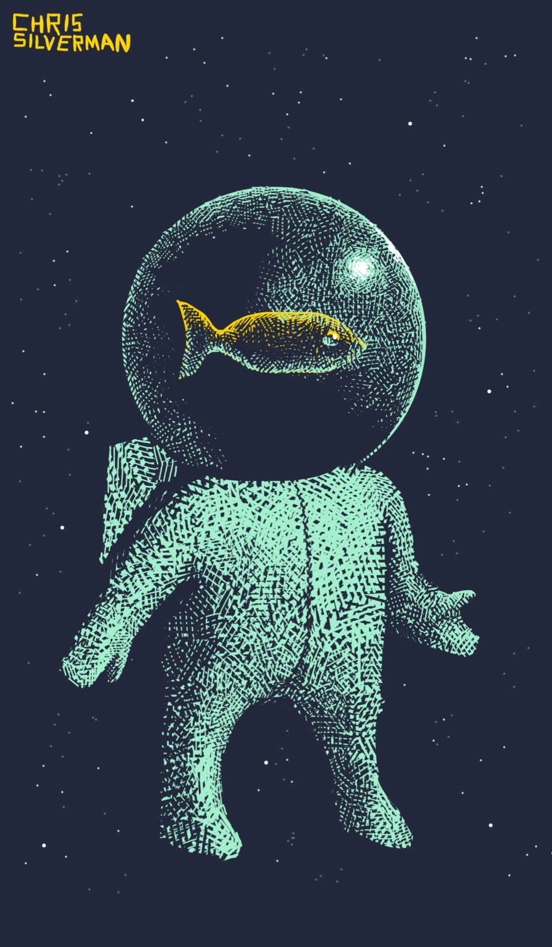 A small figure wearing a space suit, floating in space. Inside the figure's spherical glass helmet floats a goldfish. The figure is short, both arms outstretched. The stars are all around. The drawing is pale blue-green ink on a black background, with white highlights. The fish is gold-tinted.