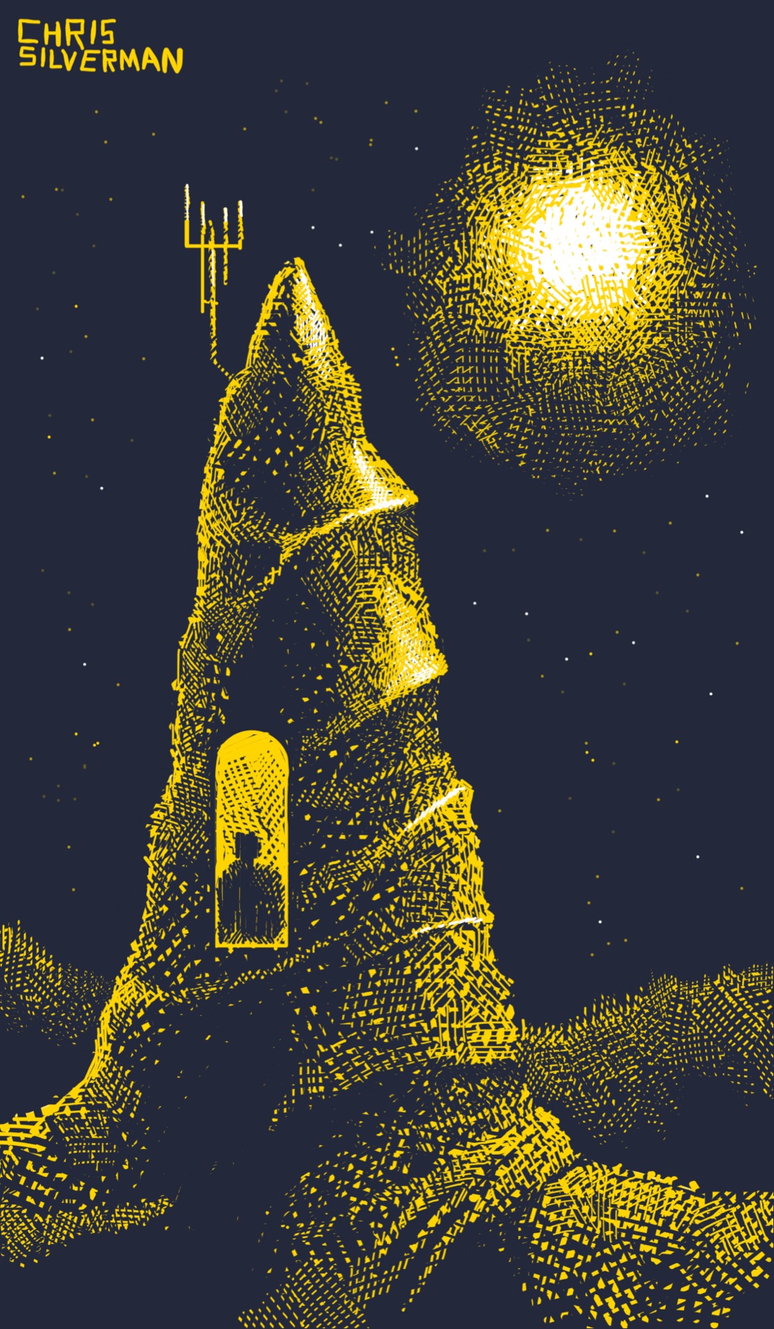 A barren landscape at night; a clear sky filled with stars. A weird, conical structure protrudes up from the ground, sort of a cross between a drillbit and a wasp nest. Inset into the structure is a window—the silhouette of a person is visible. In the sky is a glowing celestial object. The drawing is yellow lines on a black background, with white highlights.