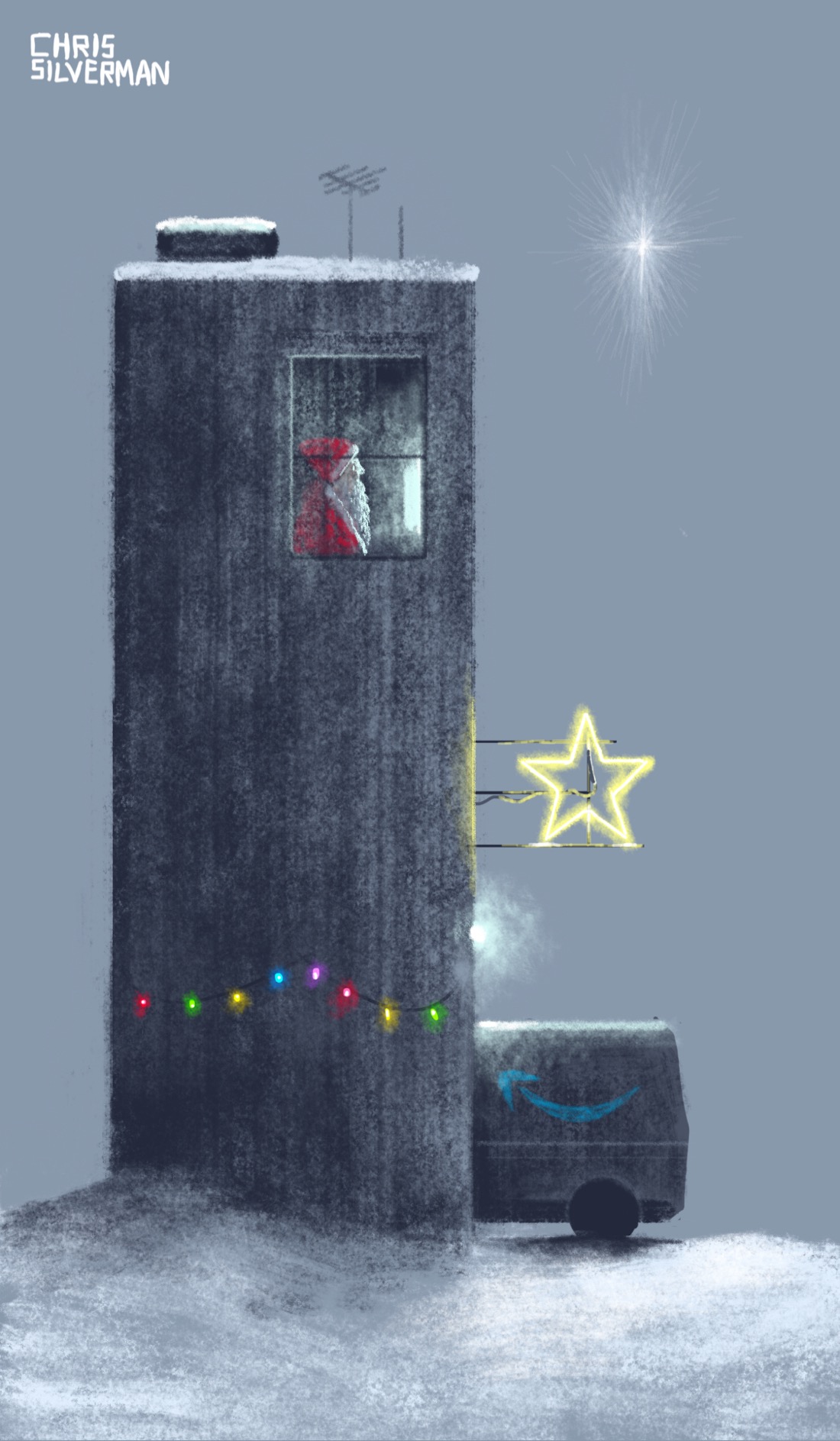 A slate-gray night sky, almost completely overcast. The ground is covered in gray snow. A narrow, concrete building, perhaps two stories, stands in the middle of the scene. It has only one window set at the top. Sitting in the window, bathed in the glow of a screen, is Santa Claus. Extending from the right side of the building are several wire poles supporting a glowing neon star. Hung at the base of the building is a desolate string of colored Christmas lights. Parked behind the building is an Amazon delivery van. A single bright star is visible in the top right of the sky. This is mostly a gray drawing; the building and van are dark gray.