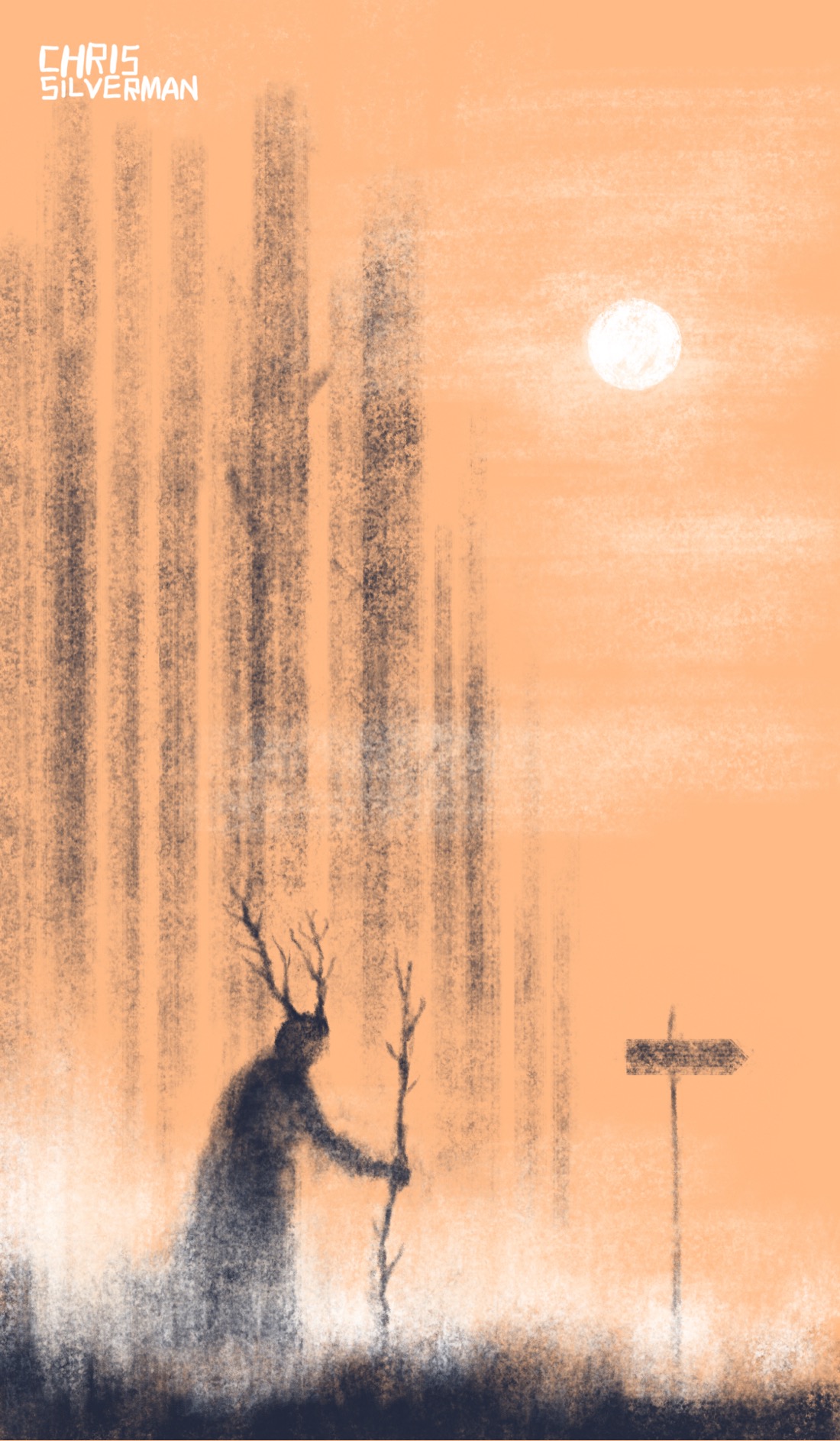 The edge of a foggy wood, set against a light orange sky. Looming out of the fog are many straight, tall tree trunks. The branches aren't visible, giving the impression of a forest of dead trees. A low white fog covers the ground. Standing among the trees is a tall figure wearing a robe, with two horns that look like tree roots sticking up out of its head. It is holding a tall staff, which also has small roots and branches sticking out of it. It is walking towards the right of the drawing, where there is a small sign pointing to the right. No lettering is visible on the sign. A hazy white sun hangs high in the sky.