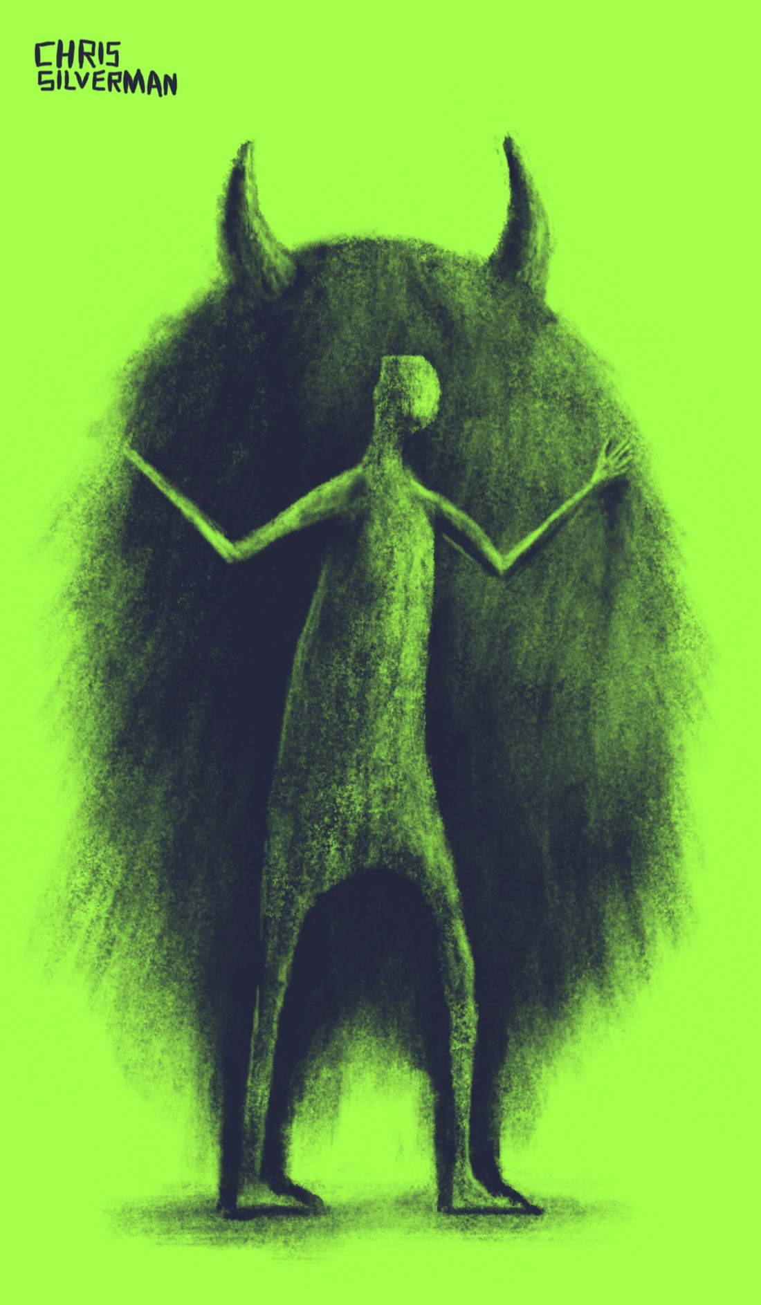 A tall, thin person, standing with arms apart. The person does not have any visible facial features. The person is surrounded by a dark, amorphous shape that could either be a hole or something that the person is wearing; there are two three-dimensional horns on top of the darkness, but the body appears to be a cavelike entrance. The edges of the shape are blurry; if you saw only the silhouette of the darkness and nothing else, you would think it was a large, round, furry monster with horns, two legs, and no arms. The drawing is black pencil on a light green background.