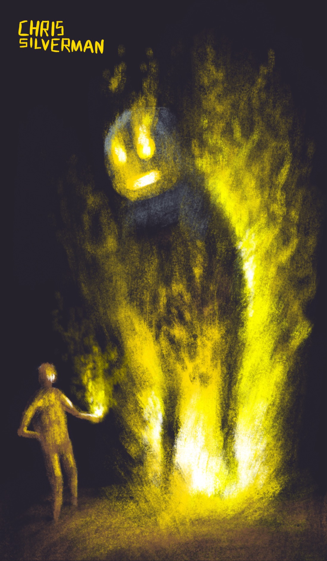 A roaring bonfire in which stands a giant figure, the flames rising around it. Flames come out of its eyes and mouth. Next to the bonfire stands a much smaller figure, holding out its left hand, from which is erupting a small fire. The drawing is primarily yellow, white, and brown, on a black background.