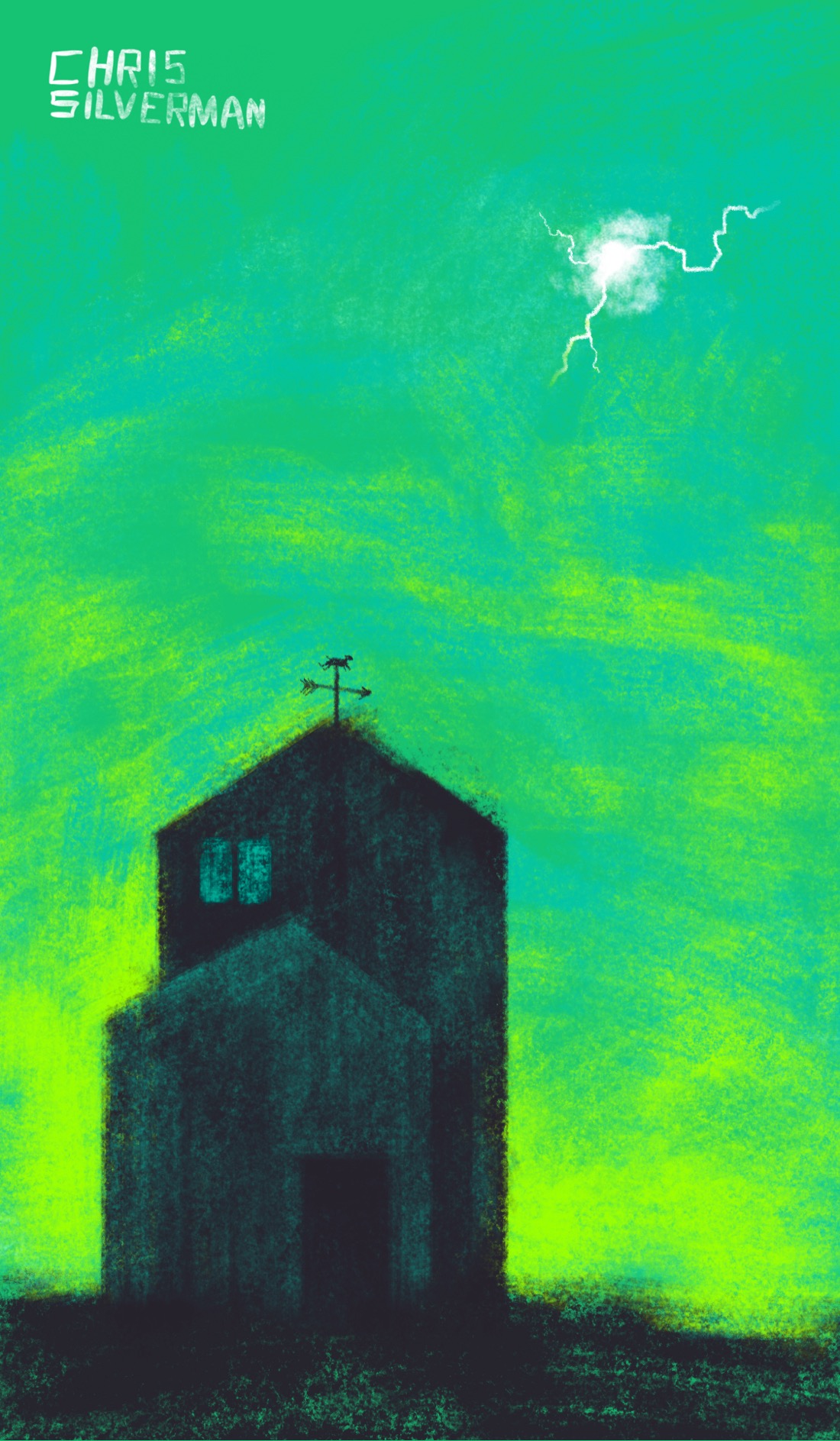 A vast, eerily green sky. The dark silhouette of a house sits alone on a flat landscape. Facing the viewer is an open door, like one would find on a barn or garage. The house has two small windows in the top left of it: dull green, more like they're reflecting the light of the sky than illuminated from within. Above the house, as though something has punched a small hole in the sky, is a bright dot of white light surrounded by glowing clouds. Tendrils of lightning snake out of the dot. Something is brewing.