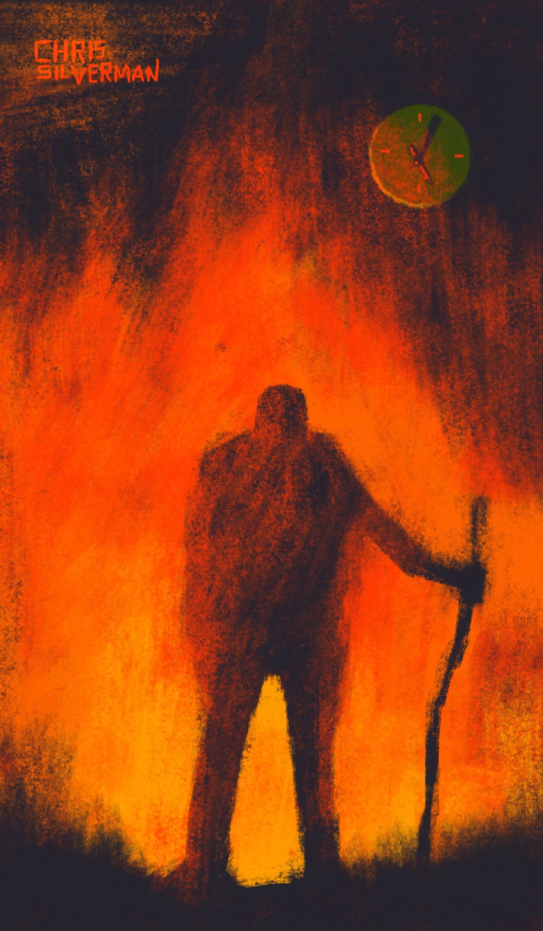 A dark figure stands in front of a roaring inferno. This is not a mere bonfire; it's a wall of flame, something only seen at the edge of a volcano or the mouth of Hell. The figure is holding a staff, staring into the flames. In the top right is a circular analog clock, displaying 5:05. It's time to get up or it's time for a drink, your choice.