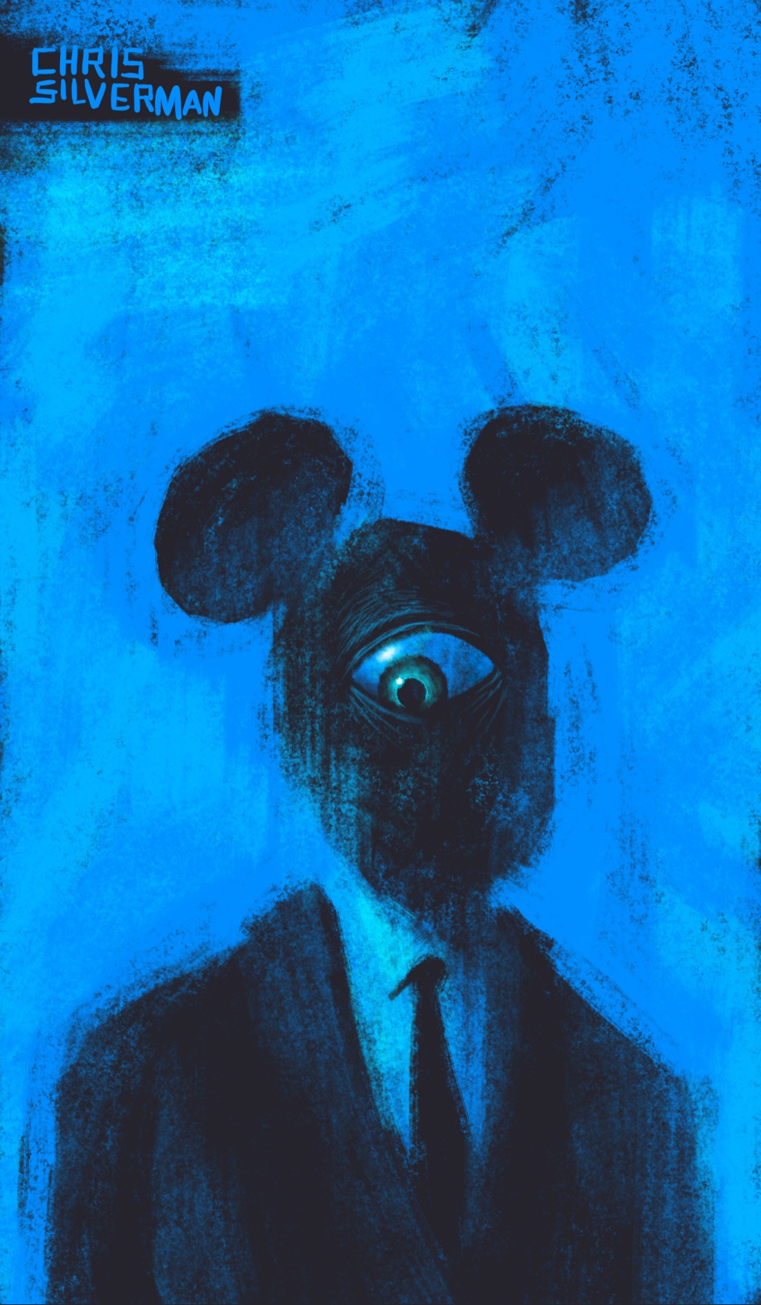 A bizarre figure wearing a formal jacket and tie. The figure has two large round ears on top of its head, similar to Mickey Mo—er, "Steamboat Willie"—and one giant eye in the middle of its face. No other facial features are visible. This is a black drawing on a cold blue background.