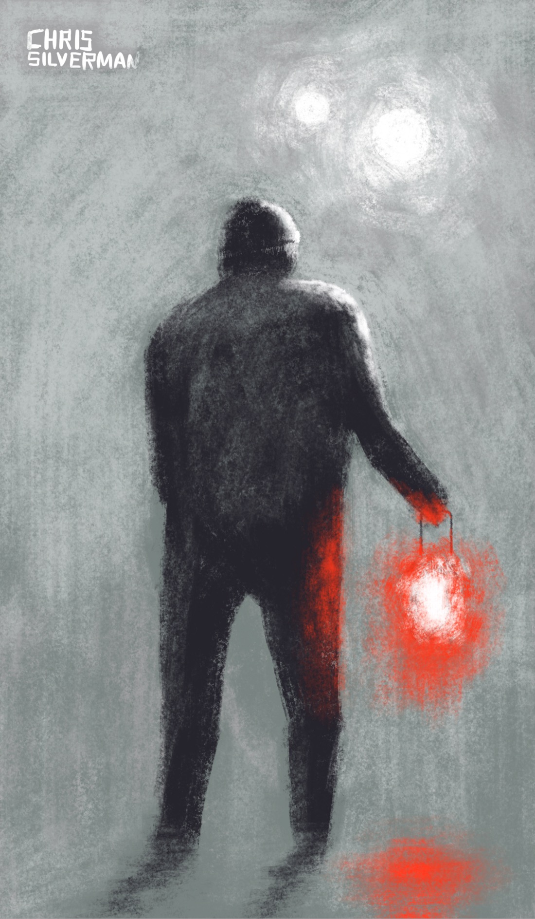 A figure stands alone, silhouetted in the blazing glare of two bright white spotlights in the top right of the drawing. The figure appears to be wearing a jacket and hat, and is holding a glowing red lantern. There are very few details about the surroundings or the ground—most of the painting is gray—but there are hints of reflections on the ground, as though the figure is standing on a wet surface.