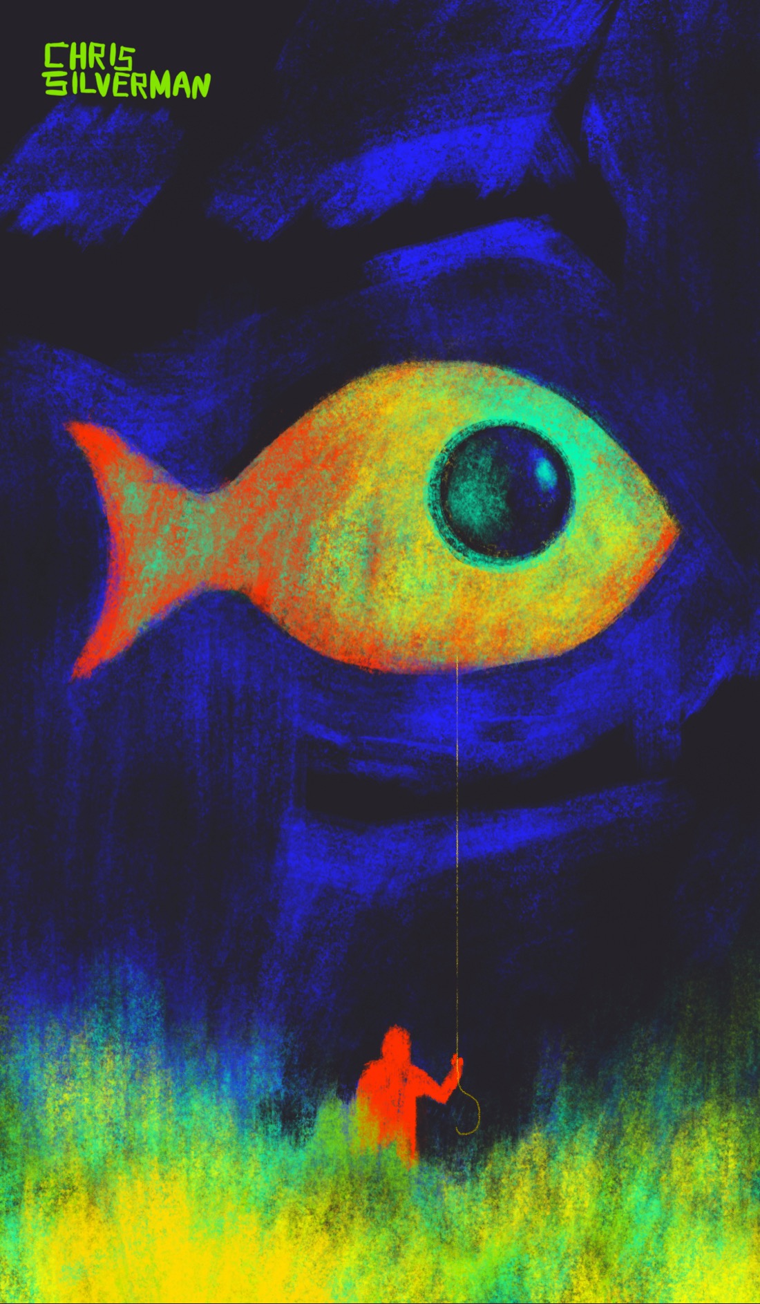 A very simple fish—imagine a goldfish cracker—floats in a black space. The black space is accented by irregular blue shapes that look almost like fragments of something. The fish is multiple colors: orange, gold, and iridescent green, mixed together. It has a large, round eye that resembles a spherical window. A long, thin string extends below it, as though it's a balloon. The string is held by a small red-orange figure standing among green and yellow grasses.