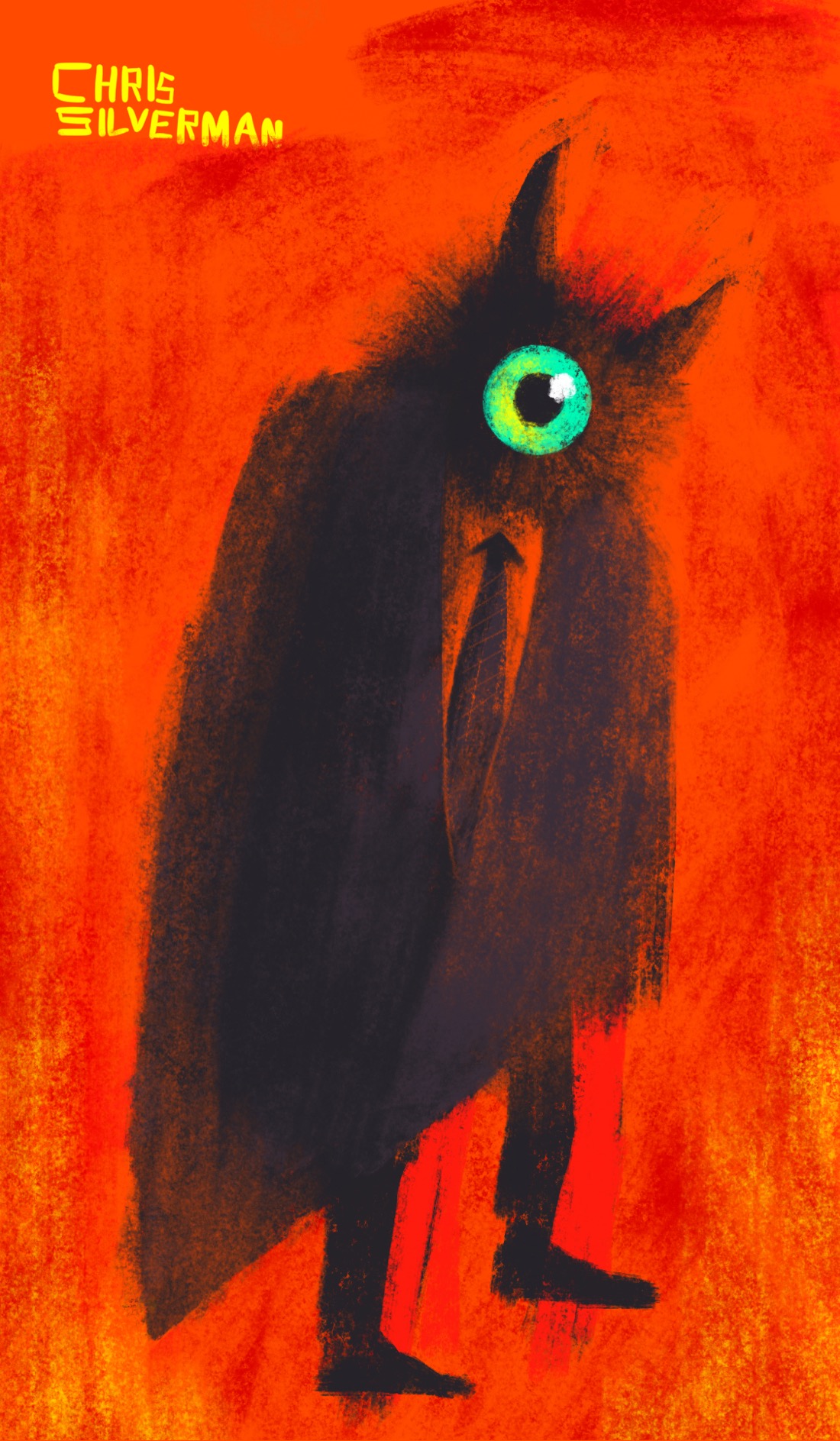 A flaming red-orange background. Standing in the foreground is a monstrous dark figure, wearing a trenchcoat, a tie, and formal shoes. The figure has no arms, and its entire head is taken up by one giant iridescent green eye. Its head is bristling with fur and two large ears or horns.
