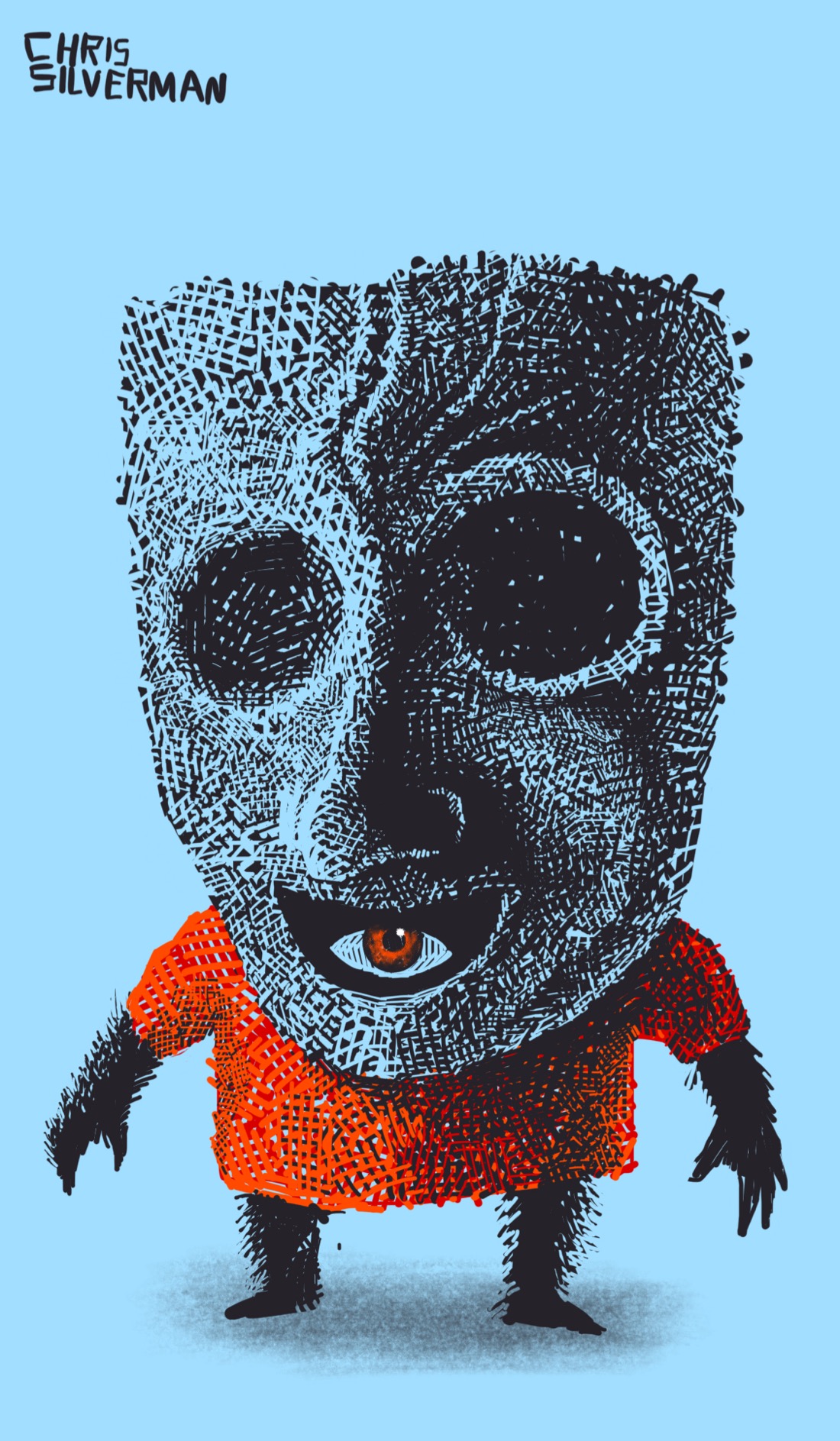 A short, squat creature wearing a giant mask. The mask looks similar to those classic theatrical ones: shield-shaped and minimal, with two empty eyes and a smiling open mouth. There are several wrinkles in the forehead. Visible in the mouth is the single eye of the creature wearing the mask. The creature has two furry arms and legs, and is wearing an orange shirt. This is a mostly black drawing on a light blue background.