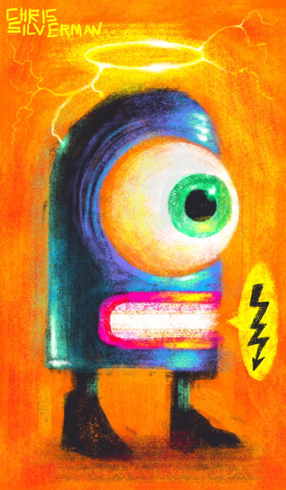 A creature shaped like a bullet, or a spraycan. The creature has a metallic body, one giant green eyeball that takes up most of its body, and a mouth pursed in a grimace, framed by crimson lipstick. Above it hangs a glowing yellow halo with bolts of electricity coming off it. A speech balloon is coming out of the creature's mouth; the balloon has no text, only an icon of a lightning bolt with an arrow at the end of it. The creature appears to be wearing boots or galoshes. This is a bluish creature set on an orange background.