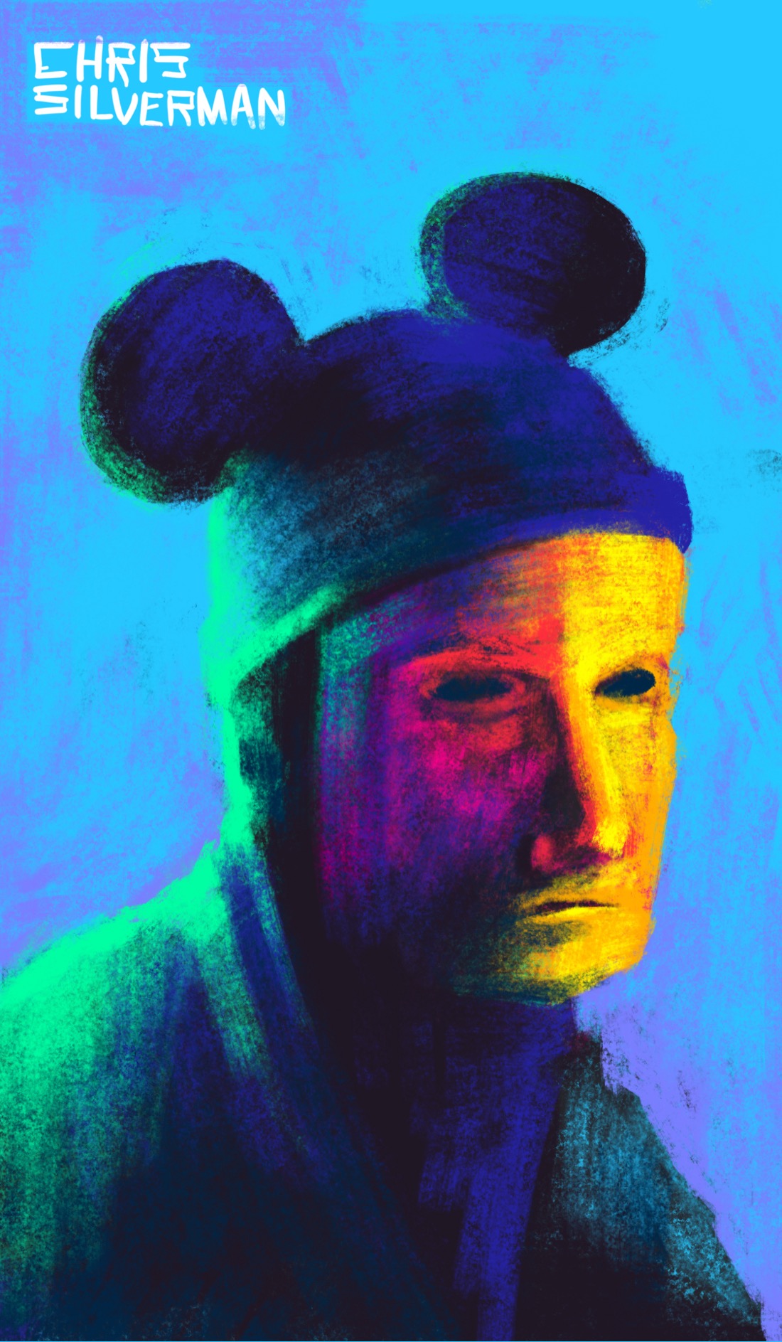 A person with a set, hard face that looks like a golden mask. A greenish light from off-screen is reflected on the person's shoulders. The person is wearing a tight-fitting hat with two large Steamboat Willie ears. The person is a mostly dark blue and indigo, silhouette, with highlights of iridescent green. The background is a textured mix of white blue and purple.