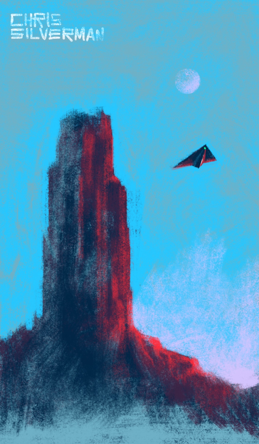 A tower of rock rises up from the desert floor. It's around dusk; the sky is still blue, but the sun is gone. The only remnant of it is a reddish glow on the right side of the tower, and a pink area on the horizon. A pale pink moon sits high in the sky. To the right of the tower, a futuristic triangular aircraft reminiscent of an F-117 Nighthawk cruises past, its underside reddish in the remaining sunlight.