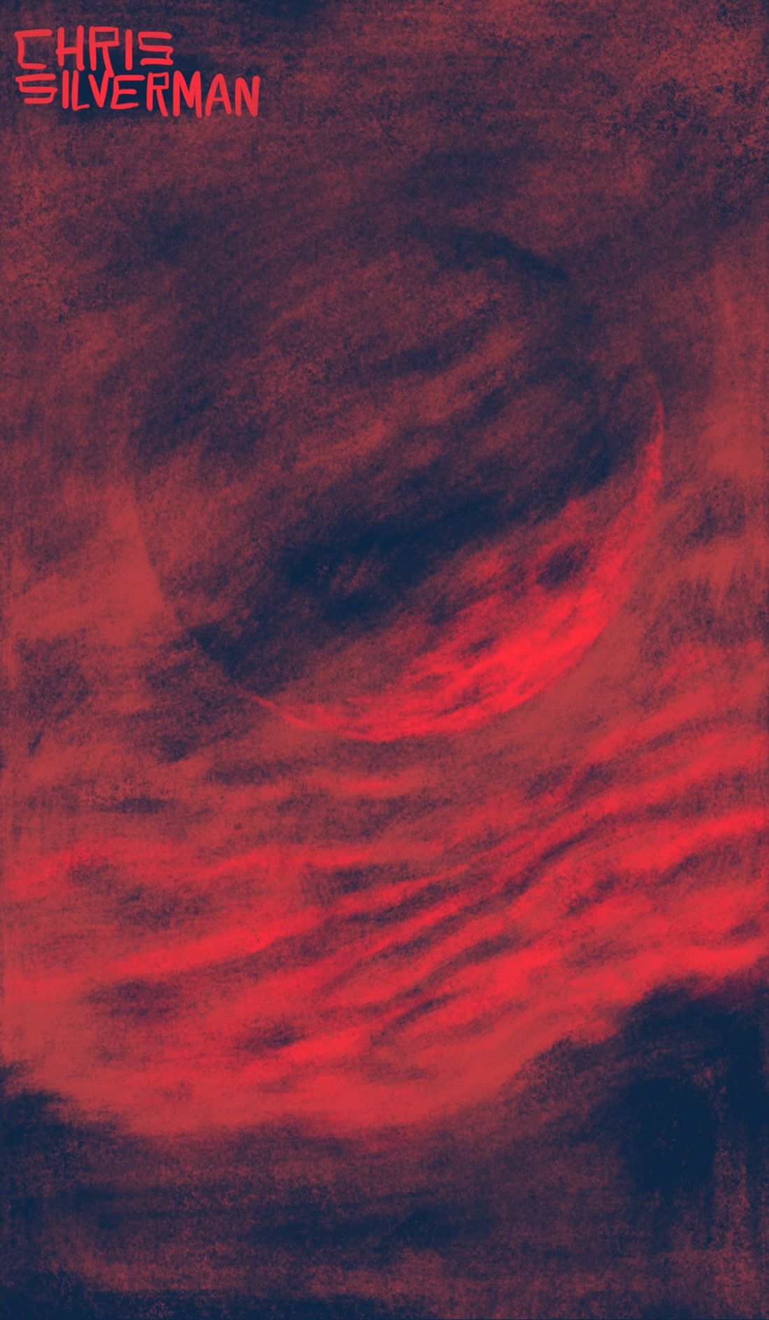 A cloudy sunrise or sunset. Waves of red clouds hover over a ragged mountainous horizon. Hanging in the sky is an enormous planet, partially covered by clouds and lit from below by the sun. This is a primarily red and black painting.