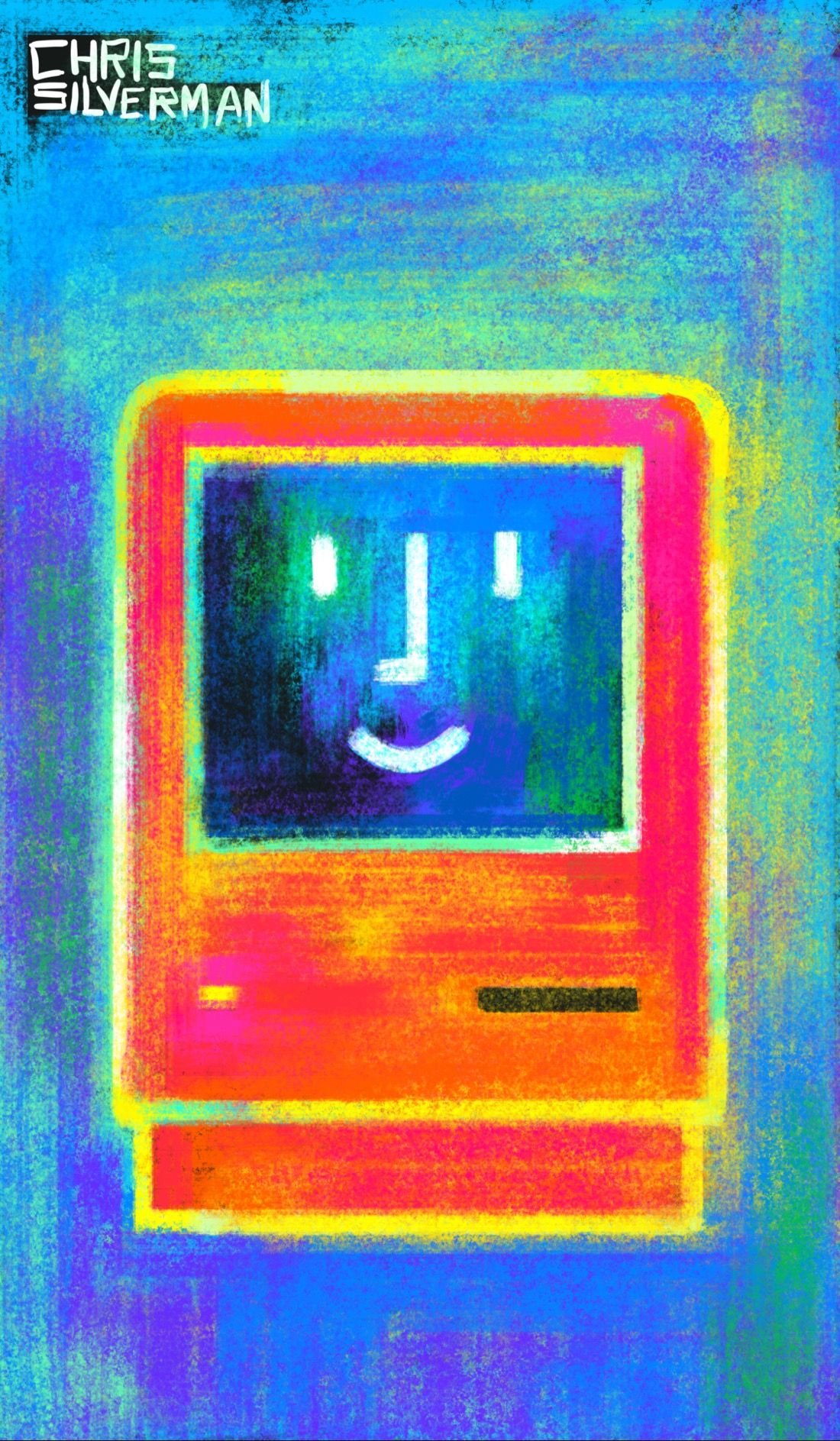 A blue background, heavily textured, with brushstrokes of various blues and greens. Placed in the middle is a glowing red, "happy Mac" icon, framed by rough, yellow, white, and neon green brushstrokes.