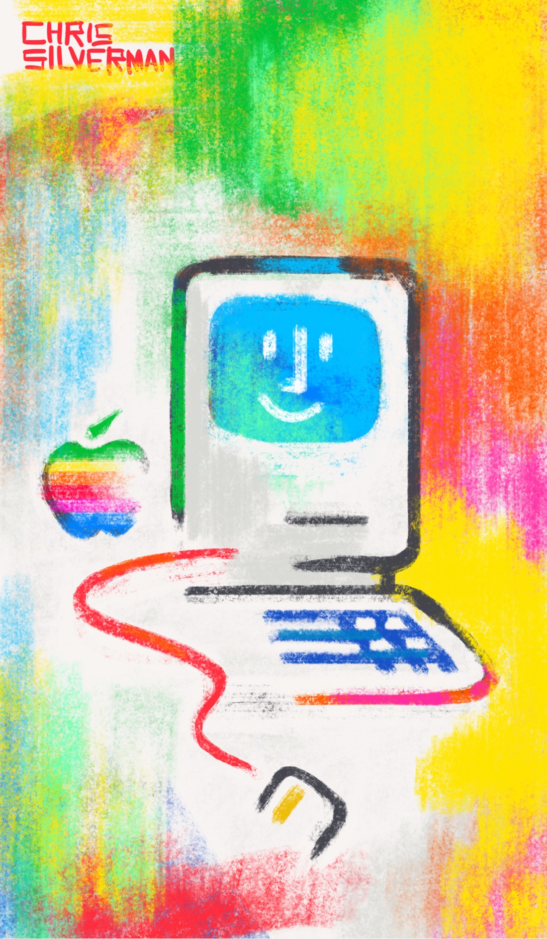 A colorful, abstract background of reds, yellows, greens, and blues. In the center is a minimalist sketch of a Macintosh, rendered in a few quick lines: the "Picasso" logo featured on the branding for the first Macintosh. There is a smiling face on the screen, and a rainbow apple with a bite out of it placed to the left of the Macintosh.
