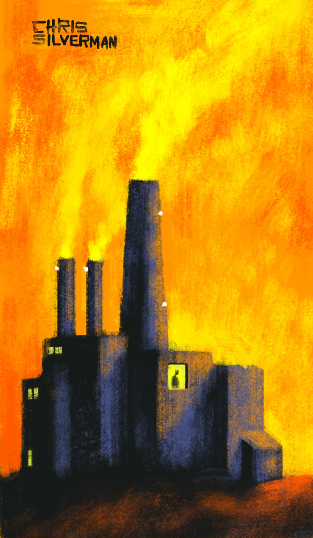 A huge factory with three smokestacks billowing smoke. The factory is heavy, rendered in black and dark purple; it stands against a blazing yellow and orange sky that appears to be on fire. The smoke from the smokestacks is yellow. In one square window, on the right side of the factory, a single silhouette of a person is visible.