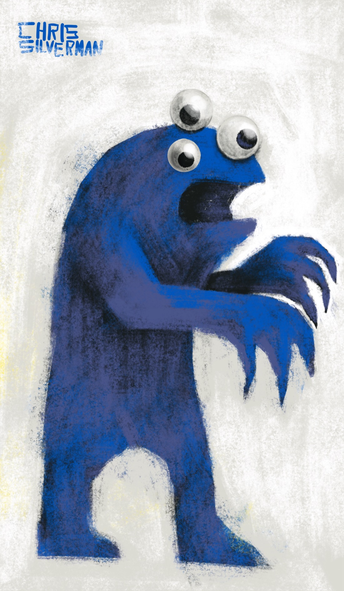 A hulking blue monster, standing on two legs, clawed arms outstretched in front of it. It appears to be roaring. It has a round, froglike head and vaguely resembles a more malevolent-looking version of Cookie Monster. In lieu of eyes, three googly eyes are pasted to the top of its head, as though it's a two-dimensional drawing with additional elements stuck to it. It is on a light beige background.