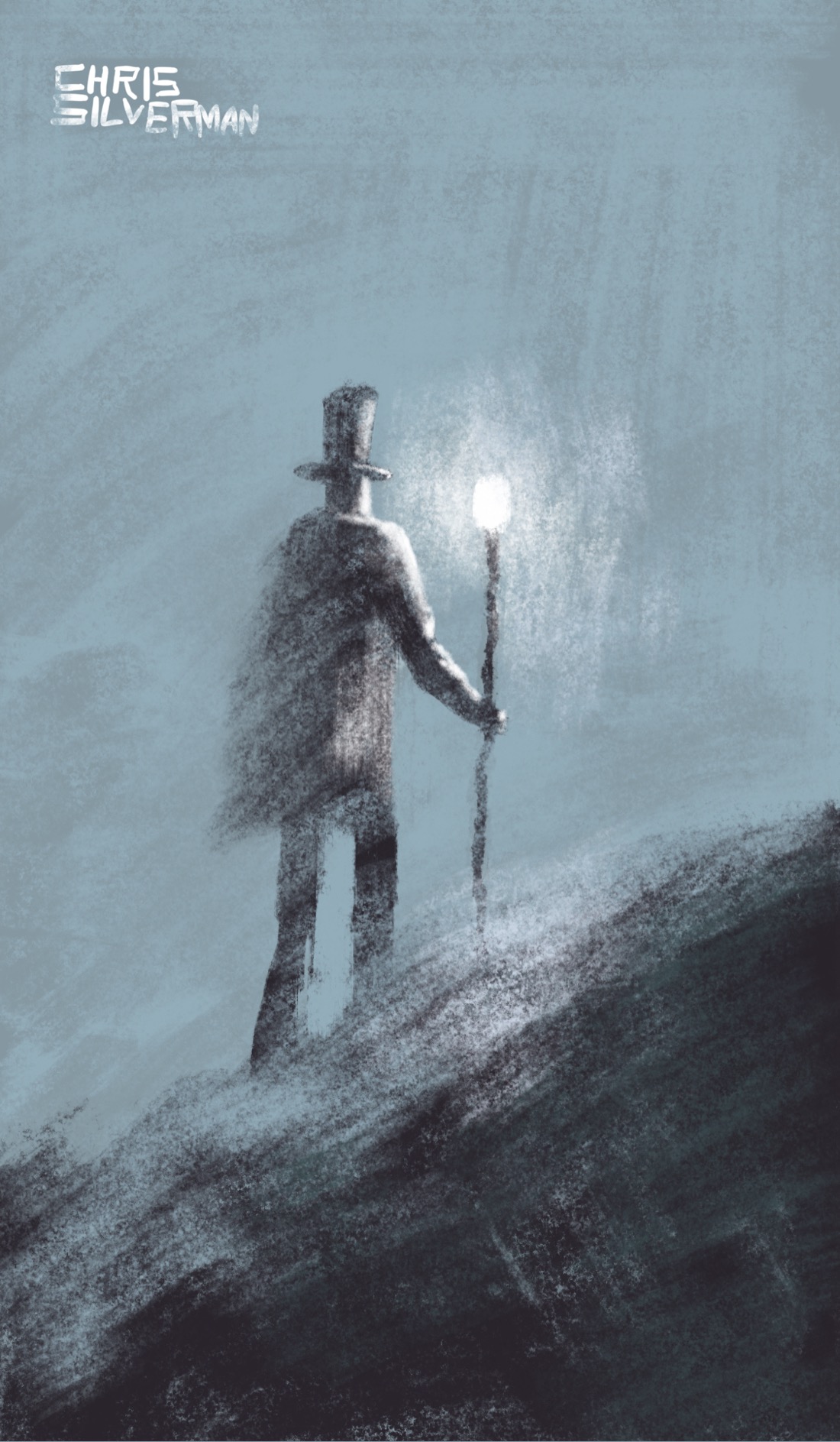A tall, gaunt figure with a top hat walks on a barren hill at night. The figure is holding a staff in its right hand, with a glowing lantern mounted at the top of the staff. The drawing is mostly dull-blue and black. The lantern is white.