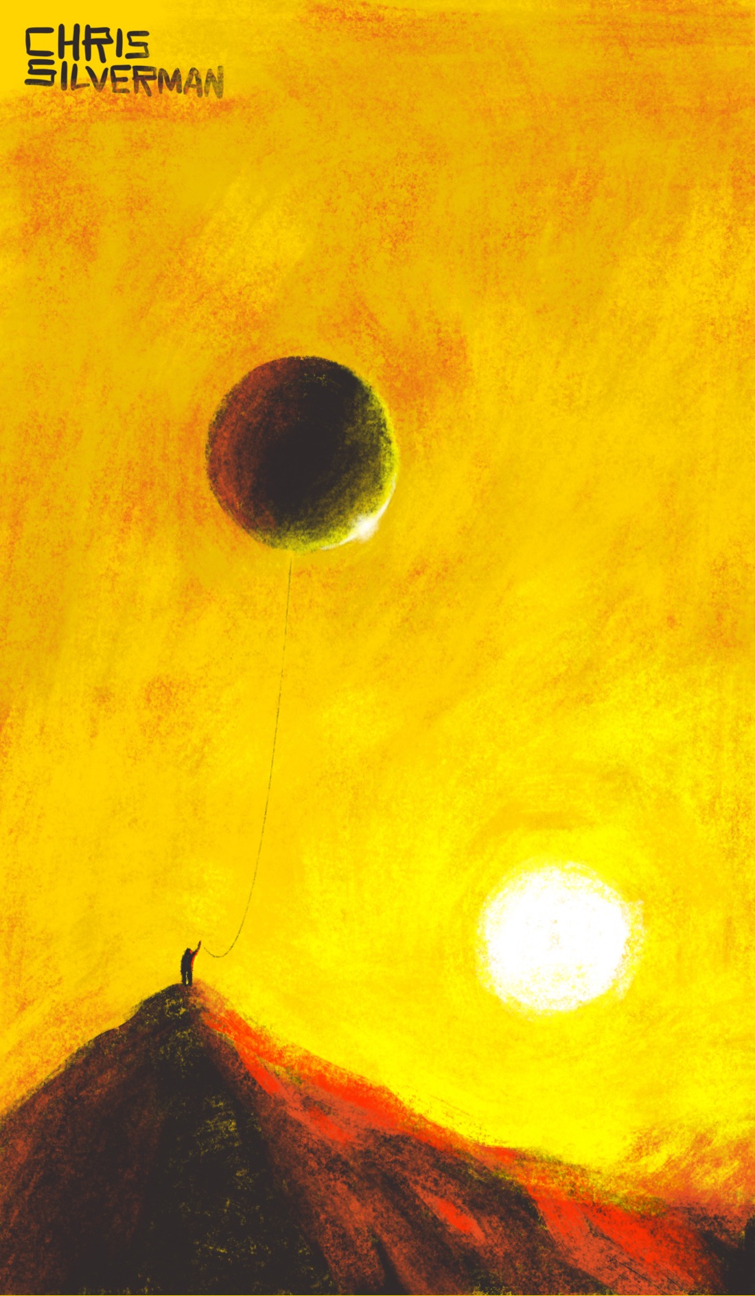 A desert sun, low in the sky. Below it is a red mountain with a small figure standing at the very top of it. The figure is holding a string attached to a huge black balloon, high above the ground. The sky is mostly shades of yellow, and the mountain is black, with red highlights.