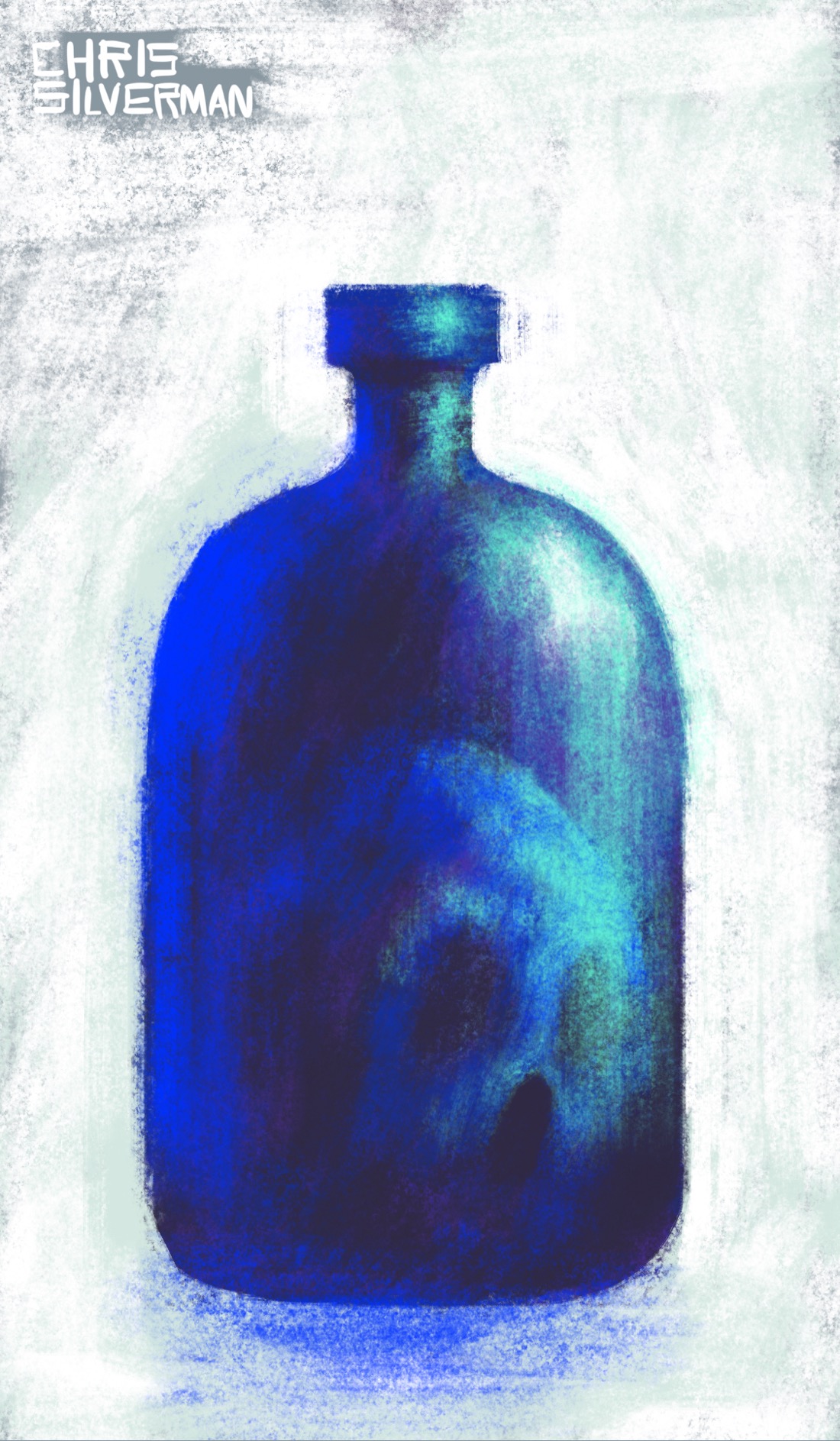 A large, blue jar with a short, narrow bottleneck, like a wine bottle if the bottle part expanded to about twice its size but the neck stayed the same. Inside the jar is a dimly visible skull. The light reflecting off the right side of the jar is an iridescent green. The left side of the jar has a blue sheen to it. The jar is set against a textured white background, casting a translucent blue shadow.