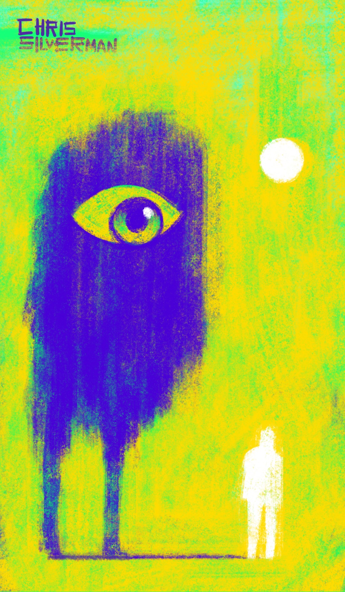 A small white figure stands on the right side of the drawing, casting a huge, shapeless purple shadow that looms over the figure on the left. The shadow has a single bright eye that is watching the figure. In the top right is a white circle that's either the sun or the moon. The background of the drawing is a mix of yellow and bright green.