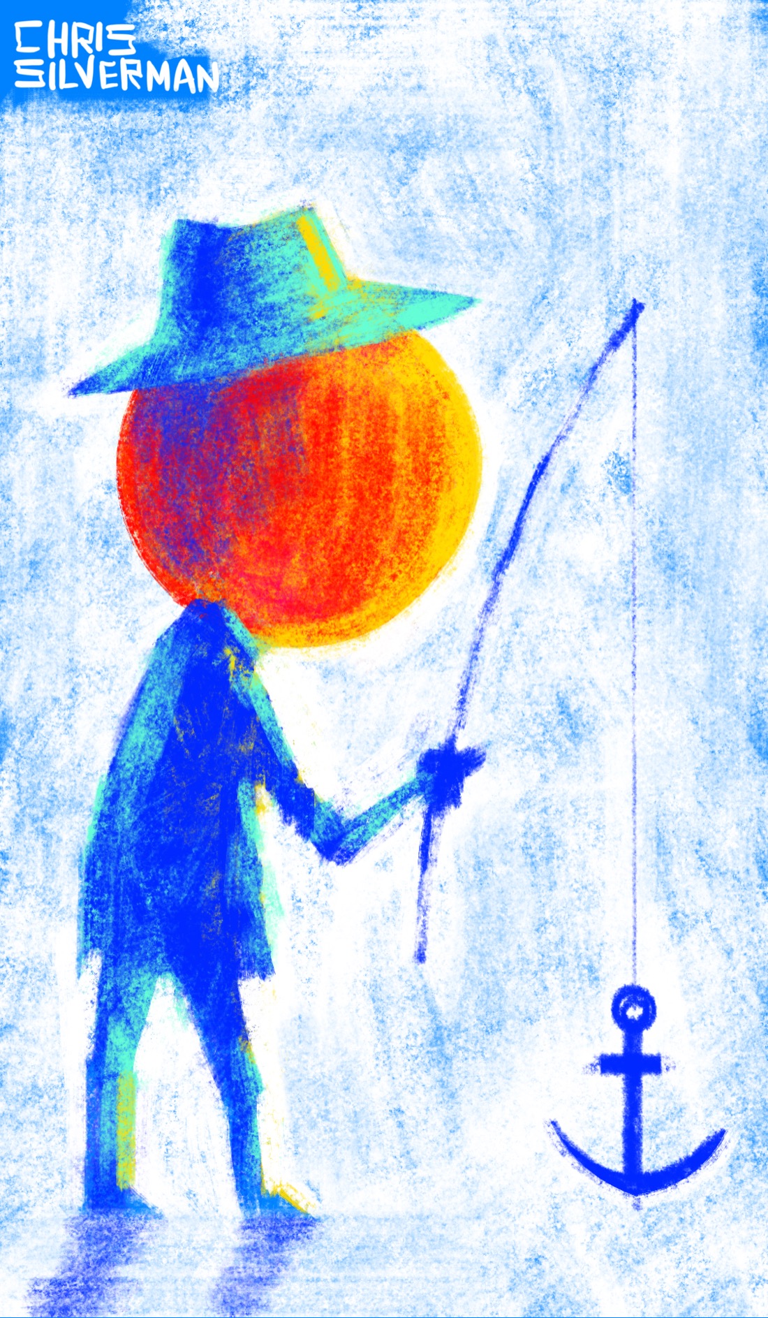 A figure in a blue suit, seen from the back. The figure has a large, orange, spherical head, facing away from the viewer, and a blue brimmed hat. The highlights on the suit and hat are neon blue-green. The figure is holding a fishing pole with an anchor attached to it. The background is bluish-textured white.