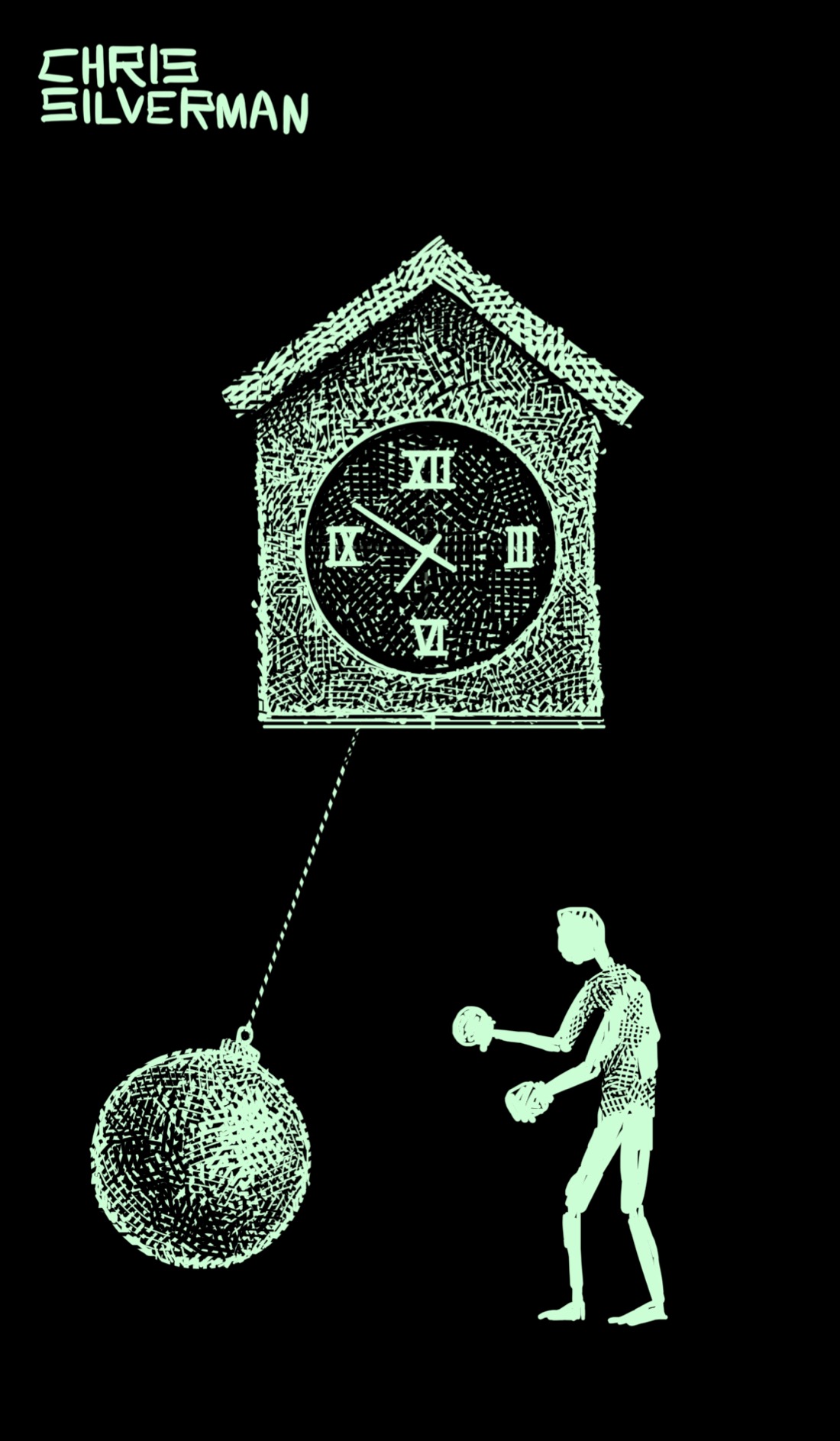 A cuckoo clock where the pendulum is a wrecking ball. The clock sits at the top of the drawing: a small square clock with Roman numerals displaying around 6:50 and a pointed roof. The wrecking ball has swung the left and is preparing to swing back to the right. At the right of the drawing is a small figure wearing boxing gloves, posed in a boxing stance, preparing to punch the pendulum like a punching bag. These are pale green lines on a black background.