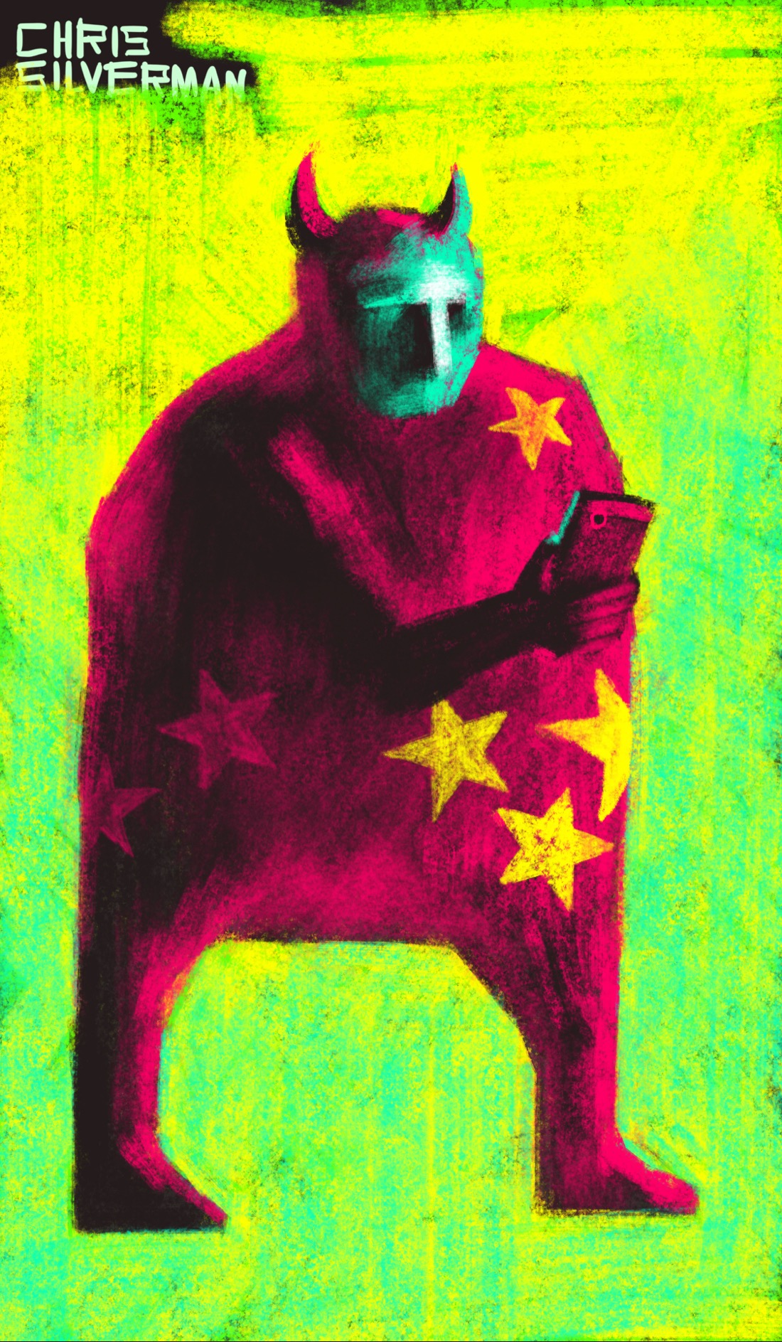 A large figure in a crimson jumper with yellow and crimson stars printed at various locations on it. The figure is very wide and looking at a phone in its hand. It has devil horns. Its face is illuminated blue from the phone screen, and it is set against a yellow-green background.