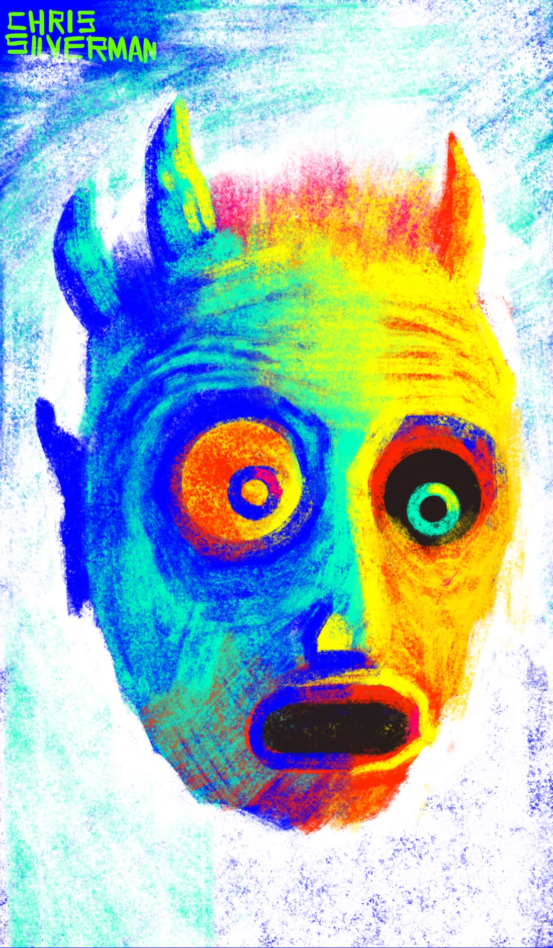 A head, rendered in a series of bright colors: red, bright, yellow, blue, crimson. The head is floating in space on a white textured background. Its mouth is open, its eyes are wide, and it has a surprised expression. It has three horns and bristly crimson hair. It looks like a monster.