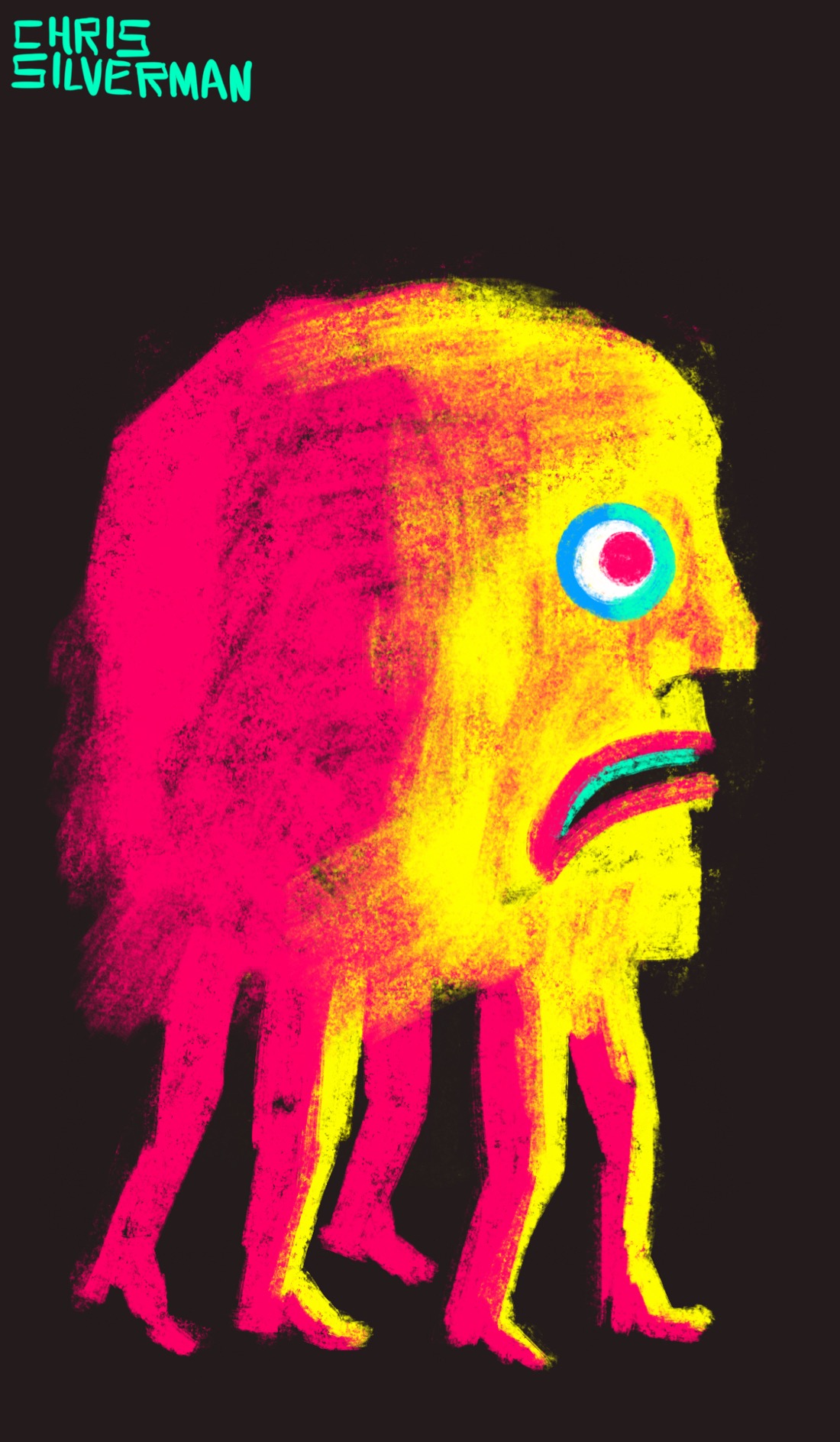 A bizarre, neon-pink figure: a giant head on five legs. The head has a panicked expression. This is a pink and yellow drawing on a black background.