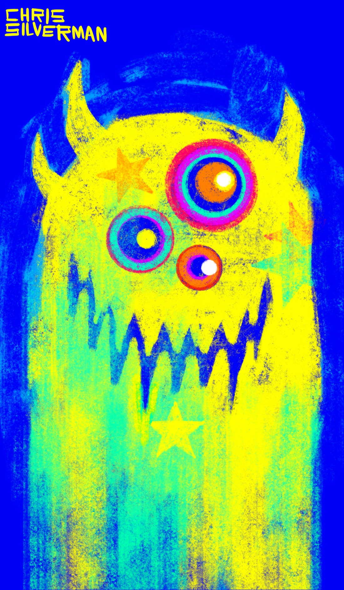 A ghostlike yellow-green monster with a craggy-toothed smile, three eyes—brightly colored in red, orange, blue, and purple—and three horns. The monster has several stars printed on it and is on a dark blue background.