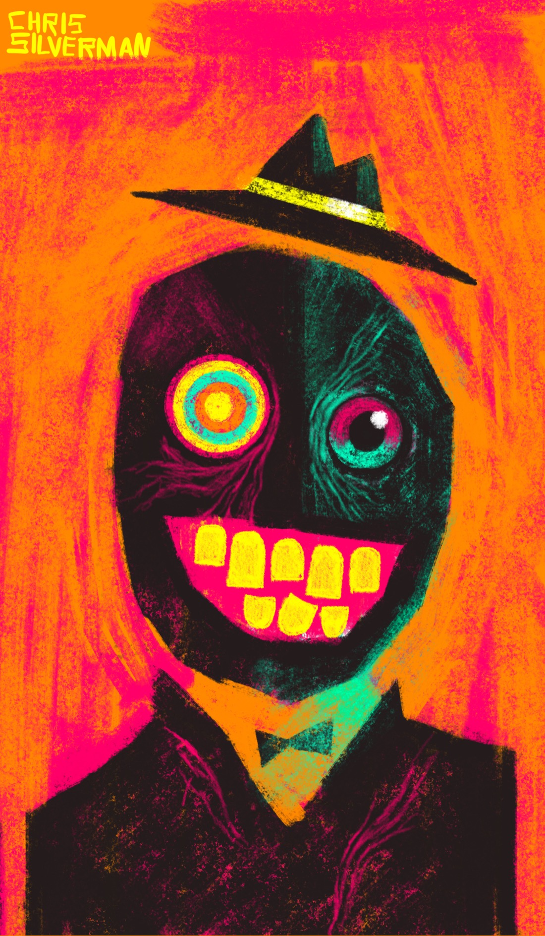 A disturbing figure wearing a black coat and a black bowtie, and a round black head with no ears, no nose, and a wide, neon-pink mouth with yellow teeth. The figure has two round eyes, both different colors: the right eye is concentric circles of red, yellow, blue, and orange; the left eye is crimson and blue. The face has wrinkles on it as though it is made of leather. The figure is wearing a cartoonish fedora-esque hat. The drawing is on a pink and orange background.