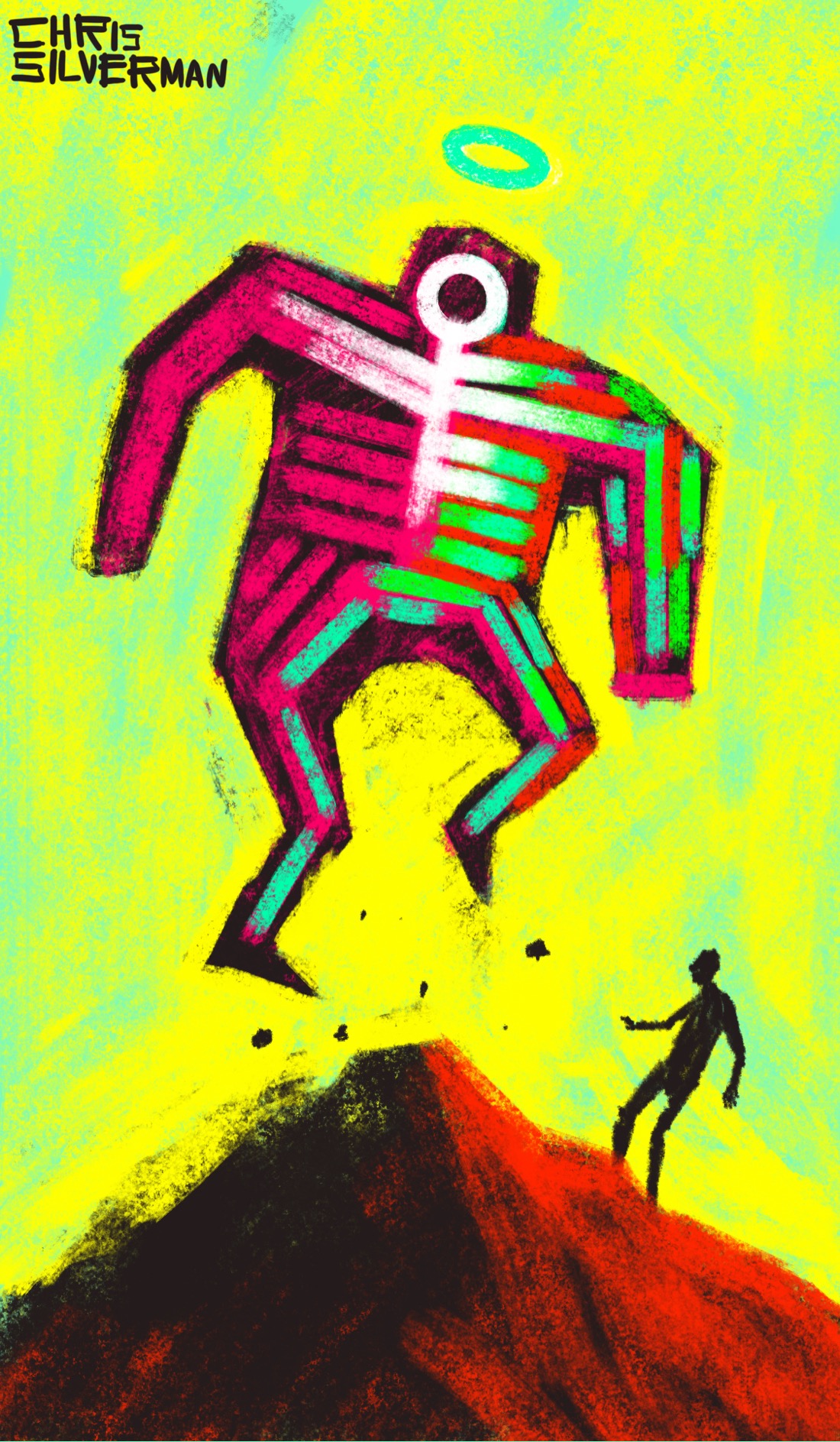 A mountaintop, lit red on the right side, with a small figure of a person also standing on the right side, looking taken aback. The person is staring at a huge, inhumanly colored figure, covered with colored bars that vaguely suggest a skeleton. Perhaps the bars are painted on the outside of the figure, or showing through from inside. They are neon colors: pink, blue, and green, with the figure's head and chest area a glowing white. The giant figure has a green halo above its head, and appears to be leaping into the air. The sky behind it is an apocalyptic yellow-green. And what rough beast, its hour come round at last, slouches towards Bethlehem to be born?