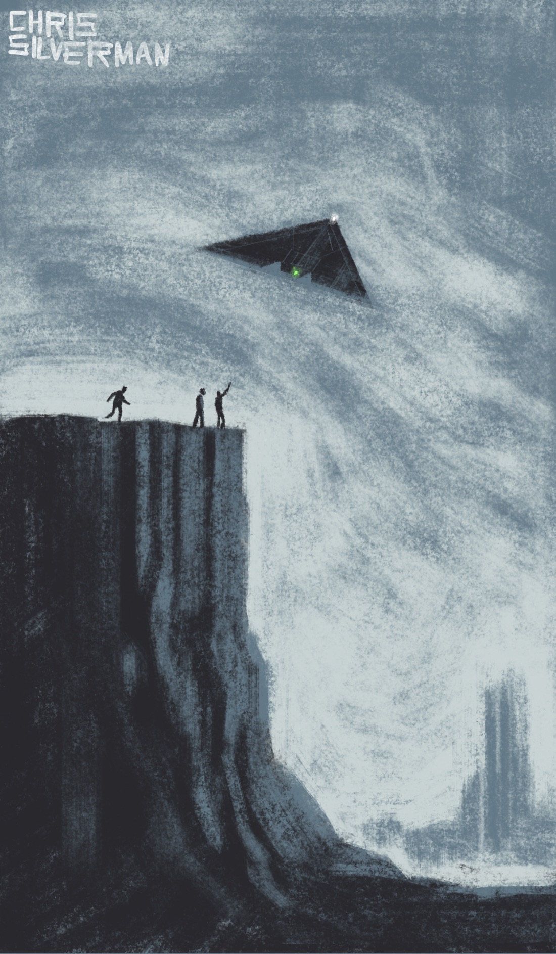 A high cliff, somewhere in the desert. It's a gray day, the clouds heavy in the sky. Gathered at the edge of the cliff are two people, with a third running towards them. Directly above them, relatively close to the ground, is flying a very futuristic, triangular aircraft. Visible in the background is the blurry outline of another natural formation; a tower of rock. This is a primarily black and gray drawing; the only color is a tiny green light on the underside of the aircraft.