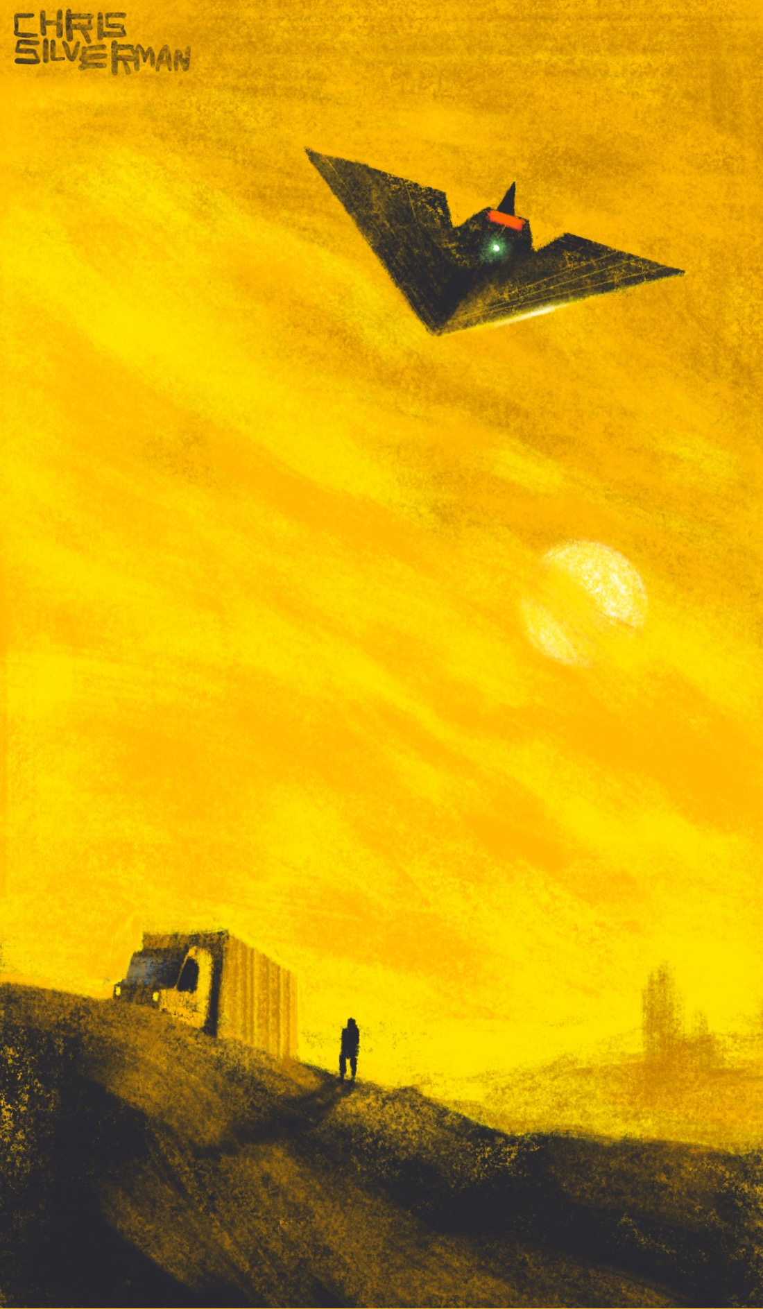 A desert scene, late afternoon: a golden sky with clouds scattered across it, and a partially concealed sun. A truck is parked in the middle of a barren rise, the driver standing next to it, casting a long shadow. Visible in the distance is the hazy brown shape of a natural rock formation. Flying overhead is a black triangular aircraft seen from the rear, the red glow of the engine visible and a bright green light on the underside.