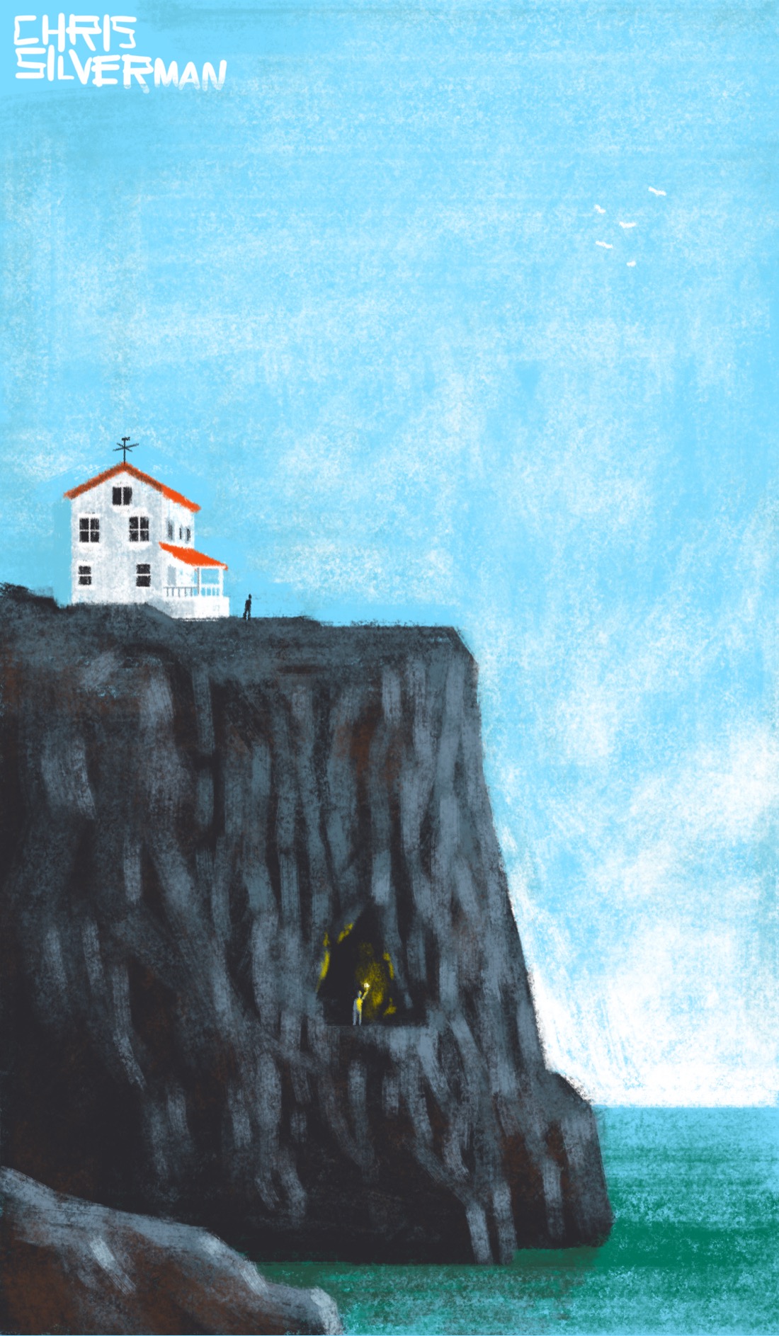 A huge, rocky cliff jutting into the ocean. At the top of the cliff, somewhat set back from the edge, is a small white house with an orange roof. Someone is walking away from the house towards the edge of the cliff. Farther down along the side of the cliff is the large black opening of a cave. Someone is standing in the cave, holding up a lantern that is illuminating the sides of the cave with yellow light. All around stretches the vast blue sky, with a scattering of seagulls in the top left. There is a hazy suggestion of white clouds on the horizon. The ocean is green.