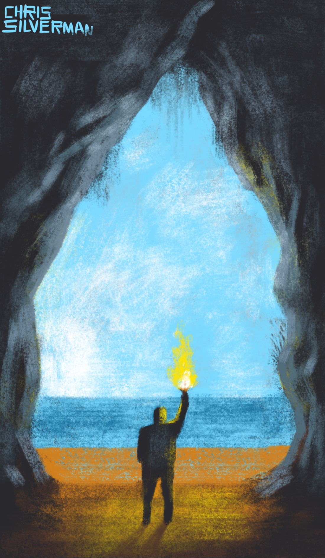 The tall, rocky archway of the mouth of a cave. You're standing inside the cave, looking out. In front of you is a small figure, silhouetted in the opening, holding up a glowing yellow torch. The figure is about a third of the height of the cave opening. The opening looks out onto the ocean and the blue sky beyond. The floor of the cave is brown, the rocks are gray.