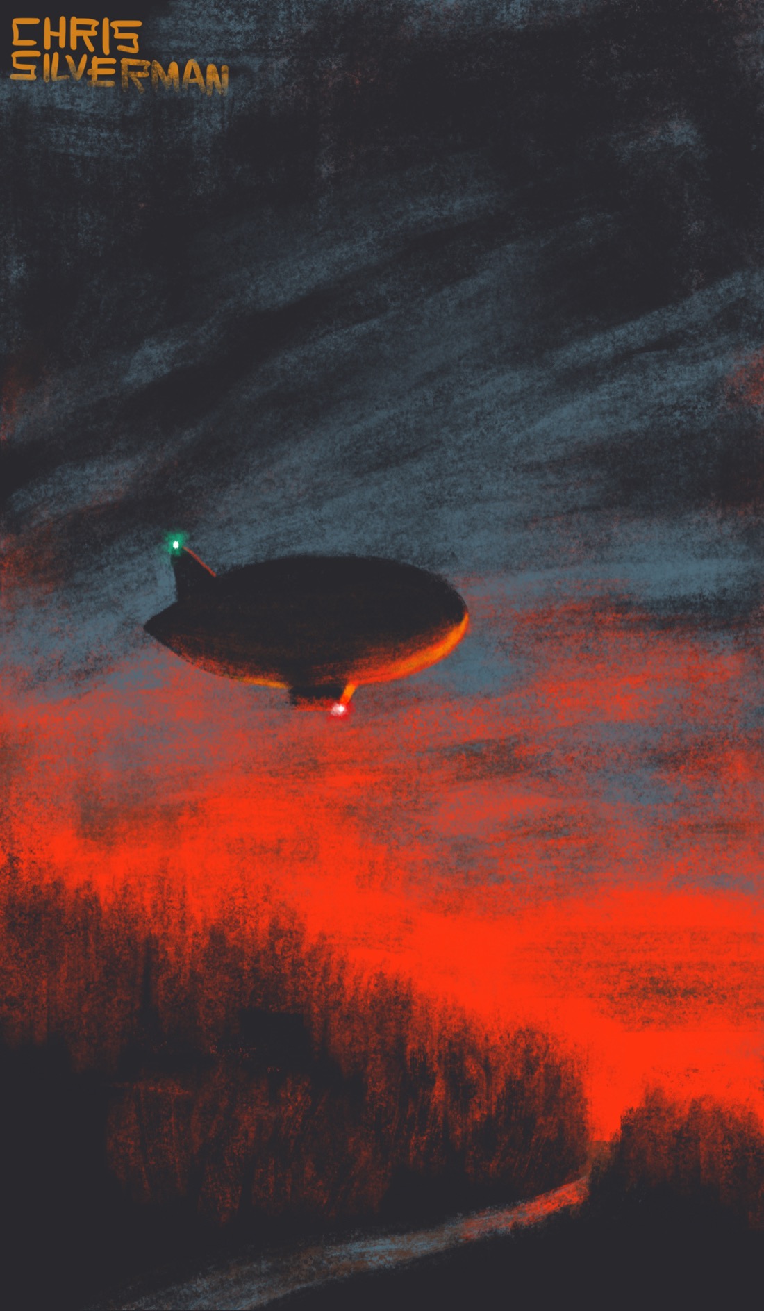 A heavily wooded black skyline, with a small road cutting through it. It's either sunrise or sunset, and the horizon is a blazing red, giving way to heavy slate-gray clouds. Hanging in the sky above the trees is a small dirigible, reflecting the red glow. There is a small, glowing green light on its top tailfin, and a red light on the basket.