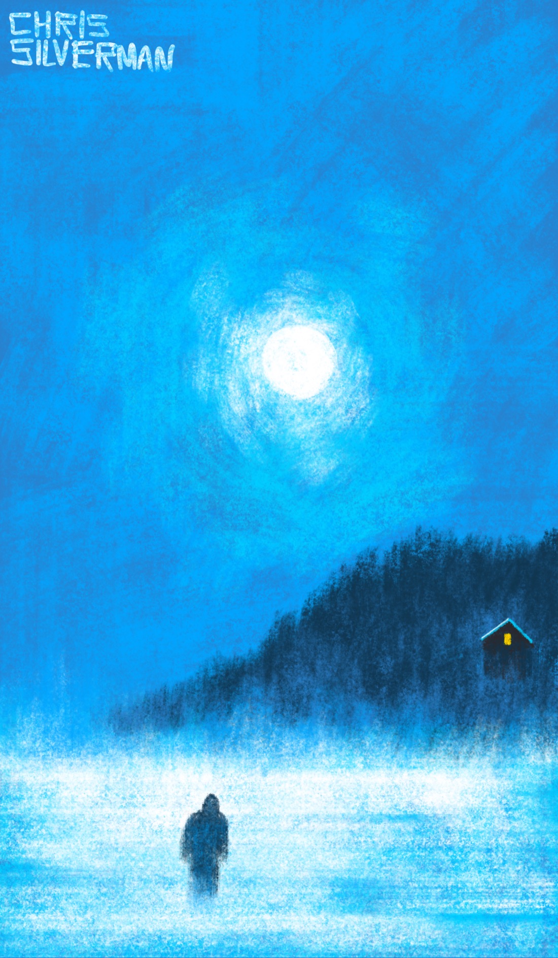 A clear, cold night. The full moon blazes across a frozen lake with what appears to be fog on the surface. In the foreground, walking across the ice, is a hooded figure. On the far shore is a wooded hill with a single house on the side. There is a yellow window glowing on the side of the house. This is a mostly blue drawing: the sky is blue, in the way that it is when there's a full moon, and the ice is a lighter but cold blue.