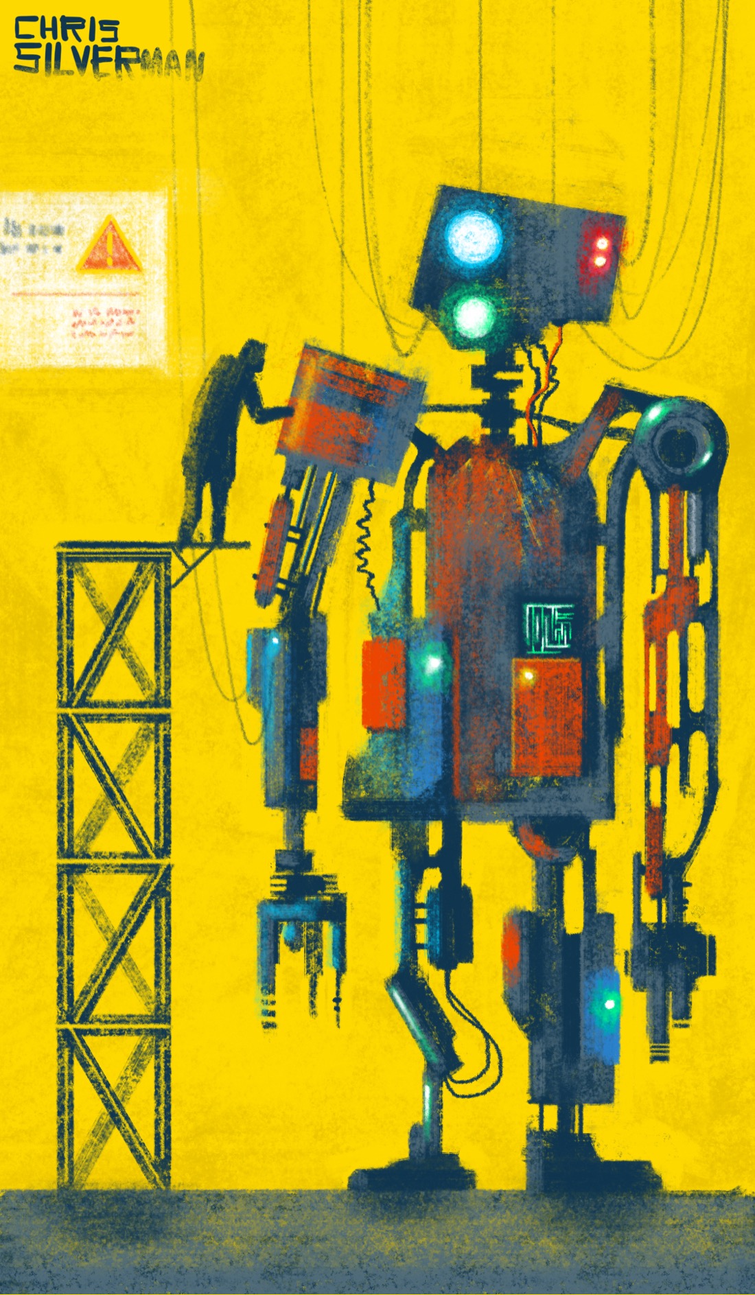A large, haphazardly constructed robot, about the size of a two to three-story building, standing in what looks like a large laboratory or warehouse. The robot is mostly black, with tinges of blue, red, and gray. Its head has several brightly colored lights. It is a humanoid combination of a number of complex shapes, wires, and lights. Various wires connect it to the ceiling. To the left of it is a tall tower made of scaffolding. At the top of the scaffolding stands a small figure, inspecting something on the robot's shoulder. The wall behind it is yellow, with what looks like warning signage on the left: indecipherable lettering and a triangular red hazard symbol.