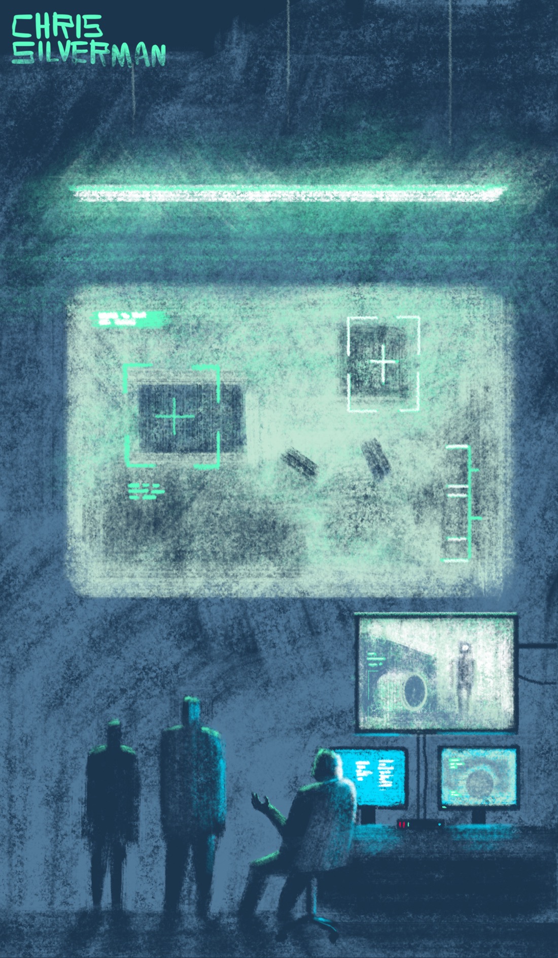 A dark, cavernous war room. Hanging from the ceiling is a long, desolate fluorescent light. Projected onto a giant wall is a dim green aerial view of something, with indecipherable information overlaid onto the image. Below it is a bank of computer screens, showing blurry images of a tunnel pipe and a robot; yesterday's drawing. Three people are looking at the screens: a short person stands at the left, a taller person stands in the middle, and on the right, a third person sits in an office chair in front of two computer screens. This is a mostly black and dark-gray drawing, with the lighted areas rendered in dull, fluorescent green and white. One of the computer screens is blue.