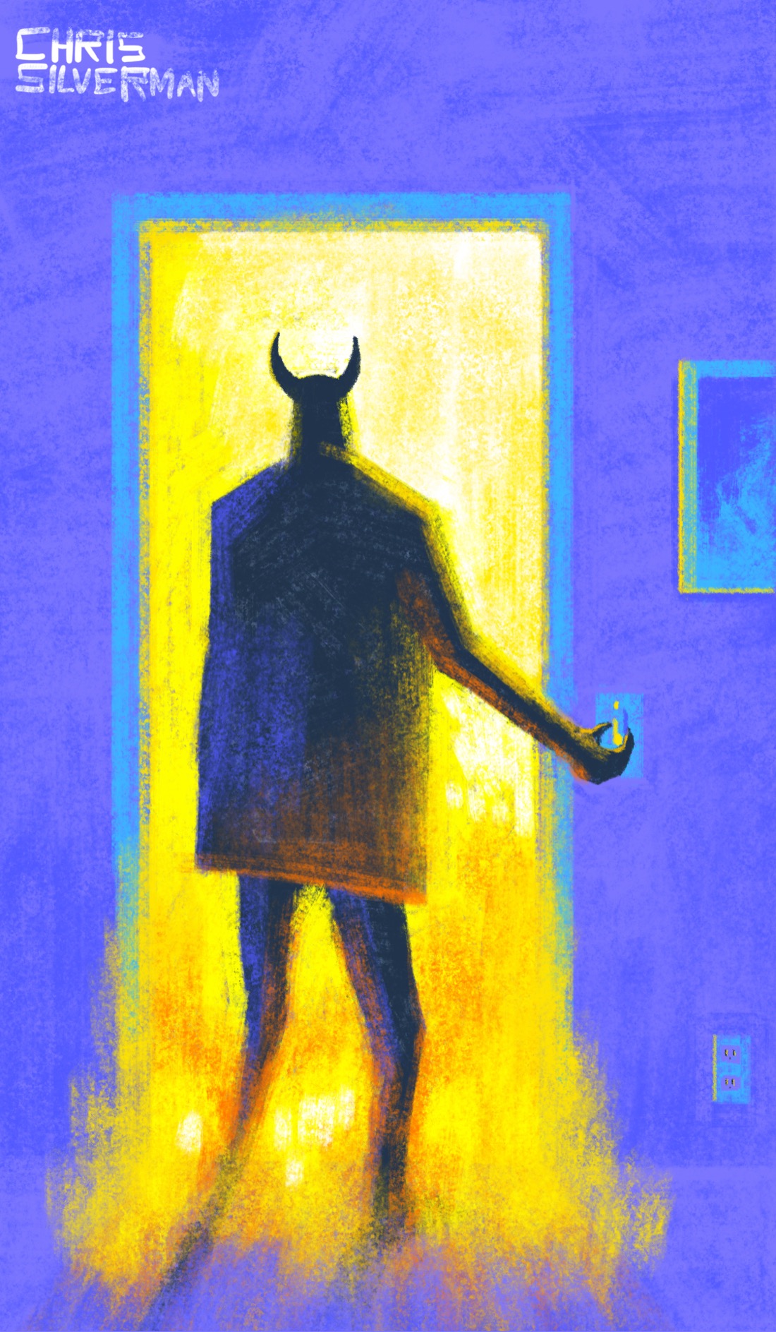 A room, darkened. The walls and floor are the blue color of a normally white room that's mostly dark. There's one light source, though: the large door in the center of the room, in which a tall demonic figure with horns is standing. The figure looks like it is wearing a leather jacket and has one hand on the lightswitch next to the door, as though it is walking into a closet and flicking the light on. In this case, the light is an inferno of yellow flames that spill out into the floor of the room. To the right of the flaming door is a small picture in a frame, the subject indeterminate, and an electrical outlet.