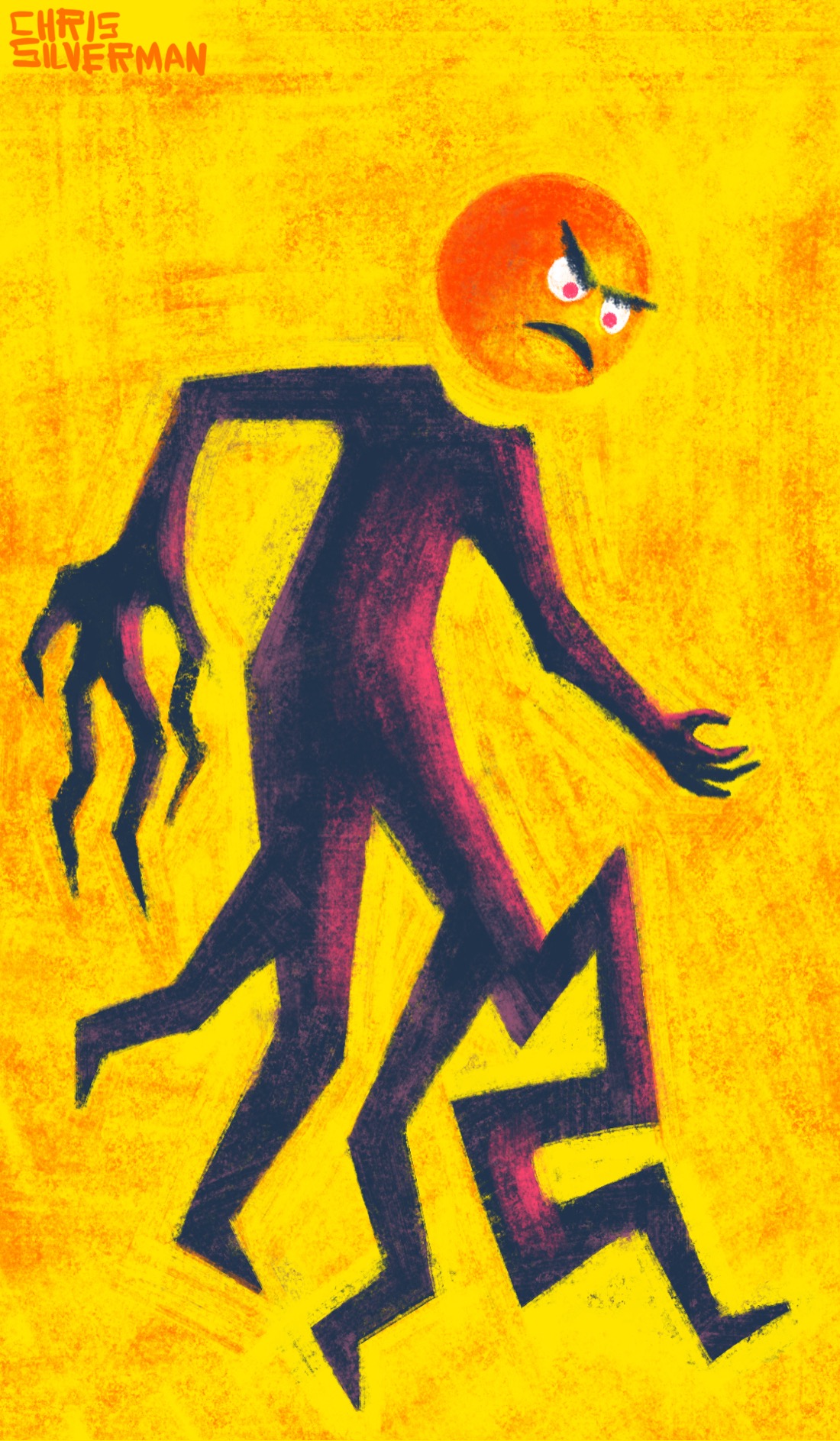 A bizarre, humanoid figure with two arms and four legs. The legs start at two and then branch off into four, forking like lightning bolts. The left arm of the figure is normal; the right has a giant hand with jagged lightning-bolt fingers. The figure's body is a purpleish black, while its head is a simple red sphere with an angry emoji-like face on it. It is on a yellow background.