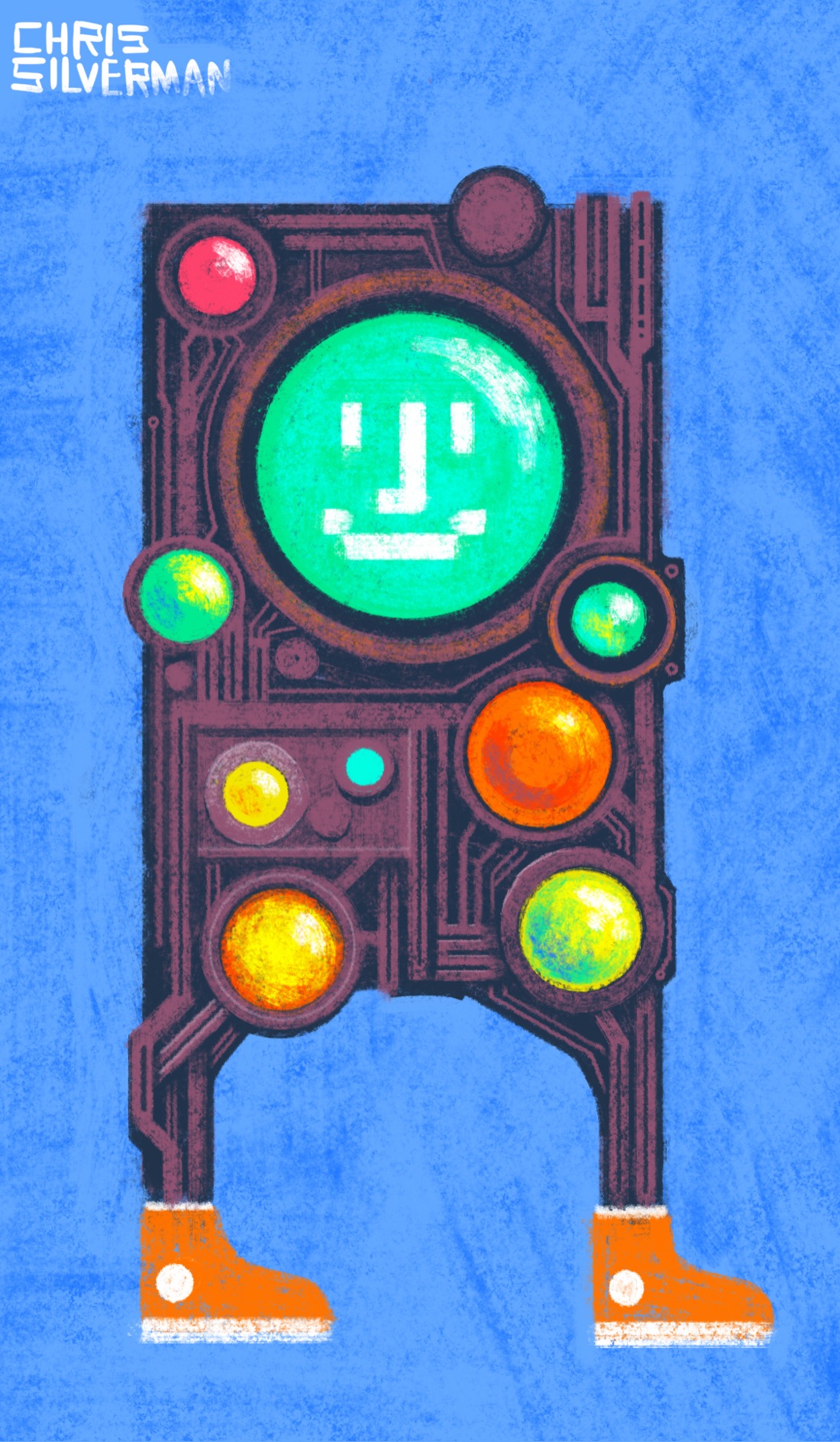 A rectangular machine with two legs and no arms. The machine has a complex, intricate exterior of interconnecting pipes and wires, interspersed with round, colorful, glassy panels that look like lights, buttons, or perhaps screens. Centered at the top of the machine, where a face would be, is the largest of the round panels. It is glowing green, with a smiling face on it rendered in blocky, white pixels, reminiscent of the Happy Mac icon. The round panels are red, yellow, and green. The body of the machine is a rust brown. The machine is wearing bright orange high-top sneakers. It is set against a blue background.