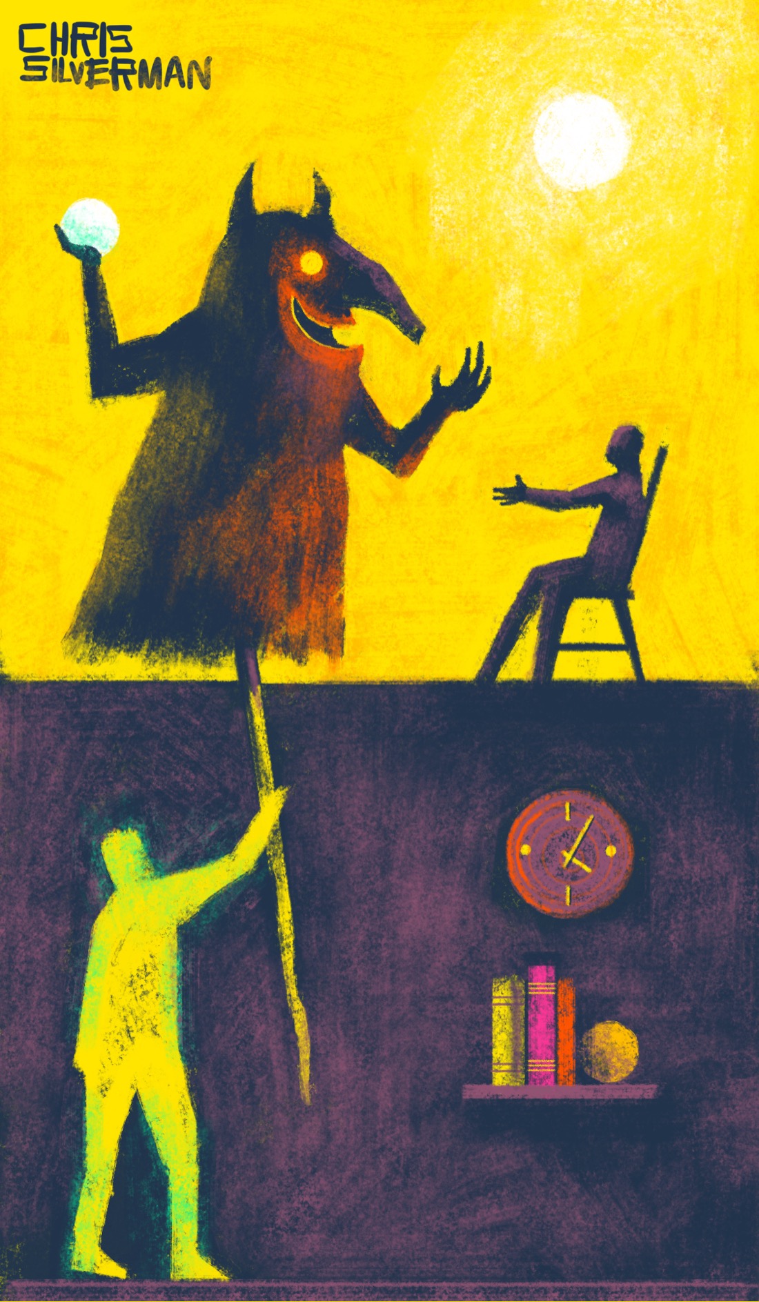 A drawing evenly divided into two sections: an upper one, all yellow, and a lower one, which is purpleish black. The effect suggests a cross-section of a two-story building. In the upper section, a reddish monster with a long snout and horns seems to be entertaining a person in a chair. The monster is talking to the person and holding up glowing white orb. The sun is shining in the sky. Below, we see the monster is actually a puppet on the end of a long pole held by a yellow person. The basement area, such as it is, has a small, dull-purple clock on the right side, with a bookshelf of colored books below it.