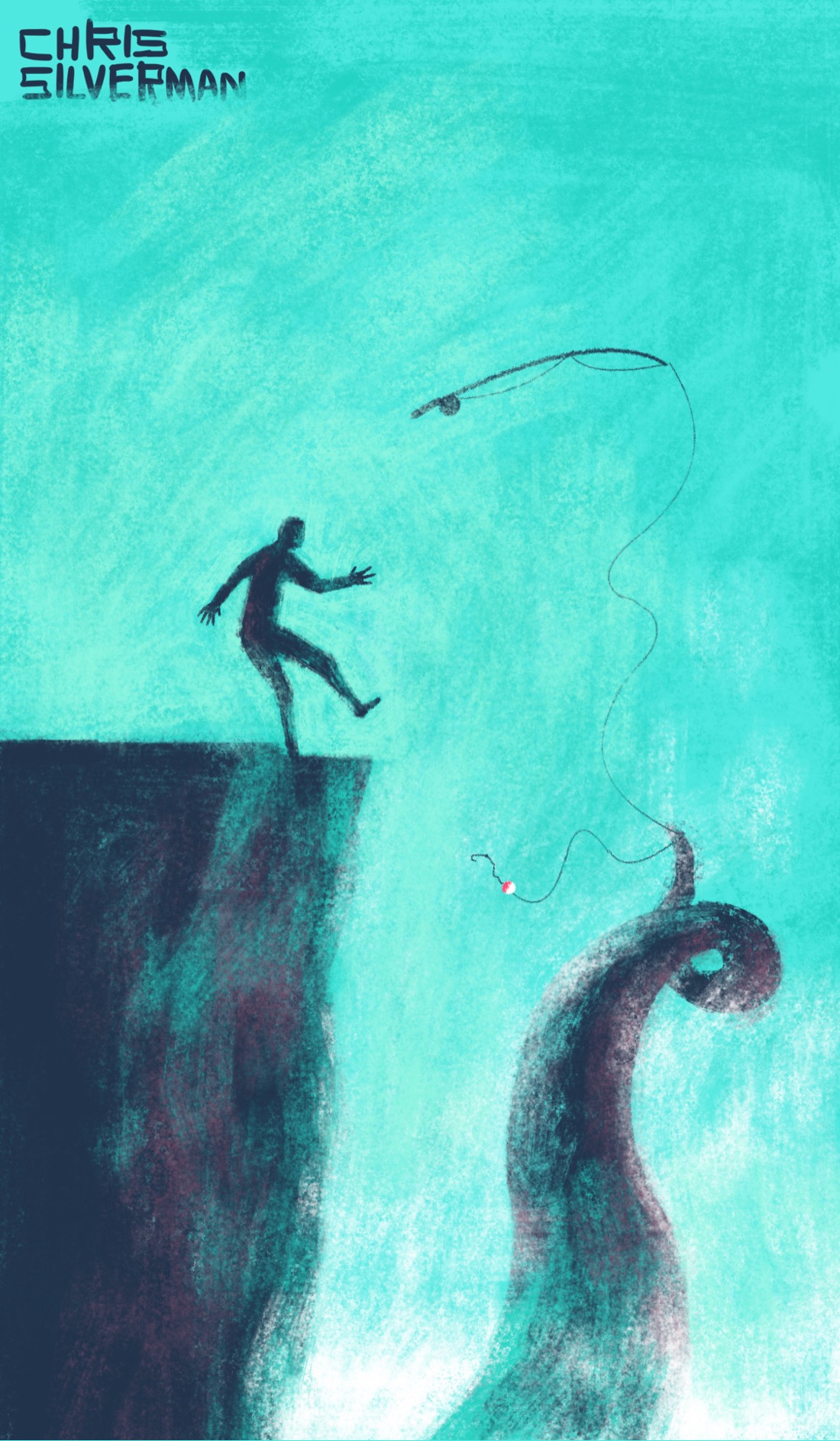 On the left of the drawing is a large rocky cliff with a flat top. On the right is an open space. A huge black tentacle, like that of a monstrous squid or octopus, is reaching up from the bottom of the drawing, yanking a fishing pole out of the hand of a person standing on the top of the cliff. The sky is a greenish blue; the tentacle and the cliff are black. Below, where the tentacle is reaching up from, is white fog and ocean spray.